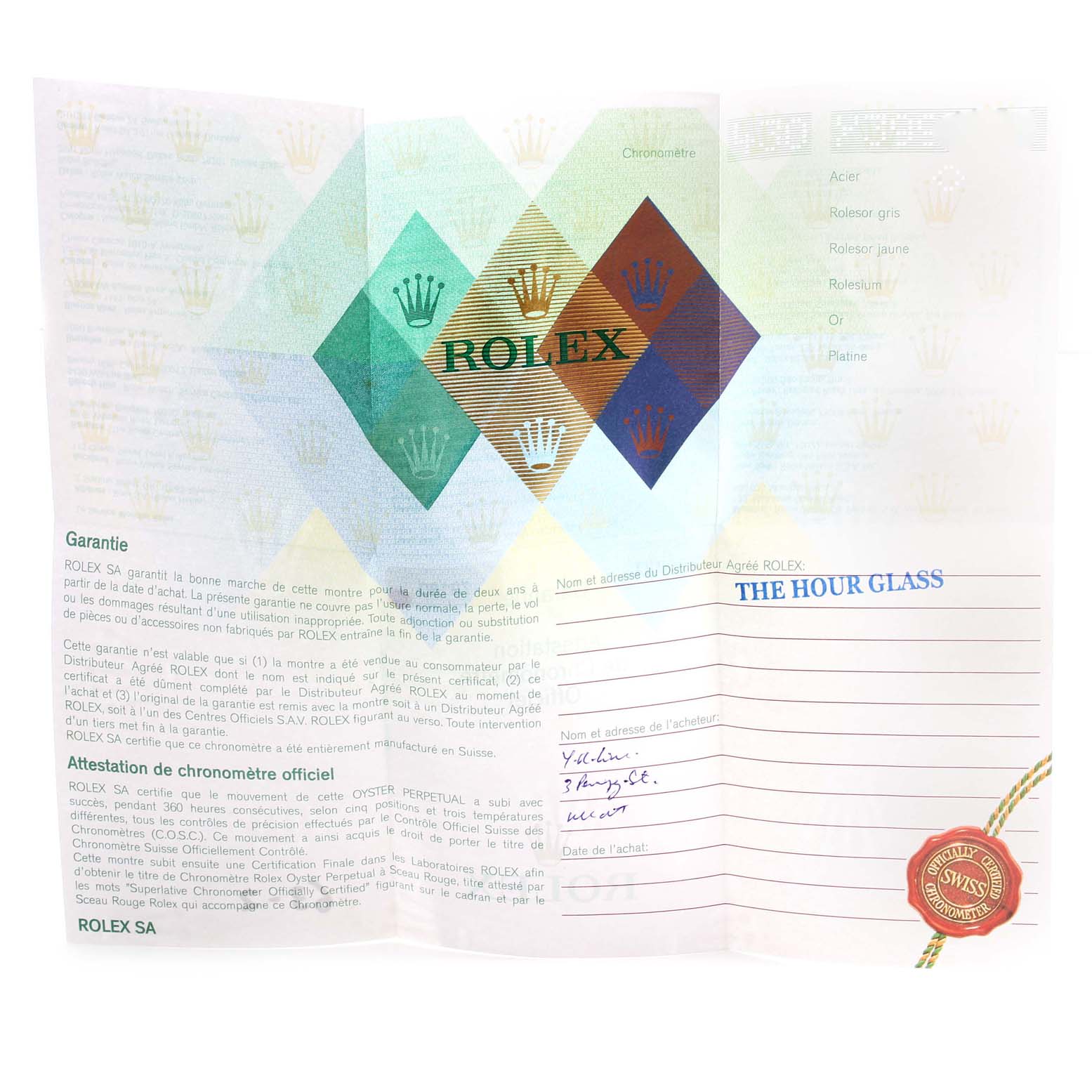 This image shows the warranty and certification paper for the Rolex Date 79160 Women's Stainless Steel Silver Dial 79160 Women's Stainless Steel Silver Dial model watch.