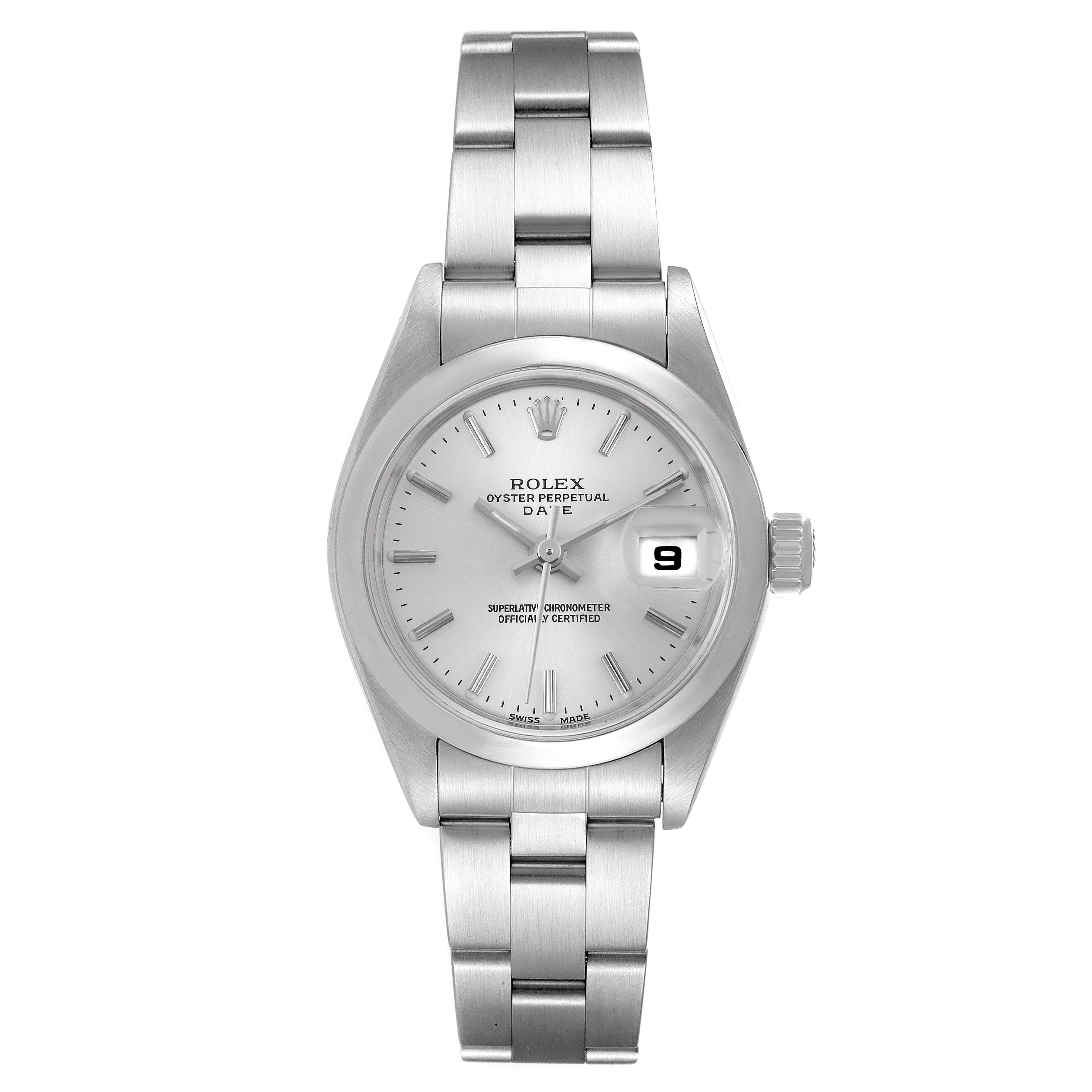 The image shows a front view of the Rolex Date 79160 Women's Stainless Steel Silver Dial 79160 Women's Stainless Steel Silver Dial watch, displaying the dial, hands, bracelet, and date window.