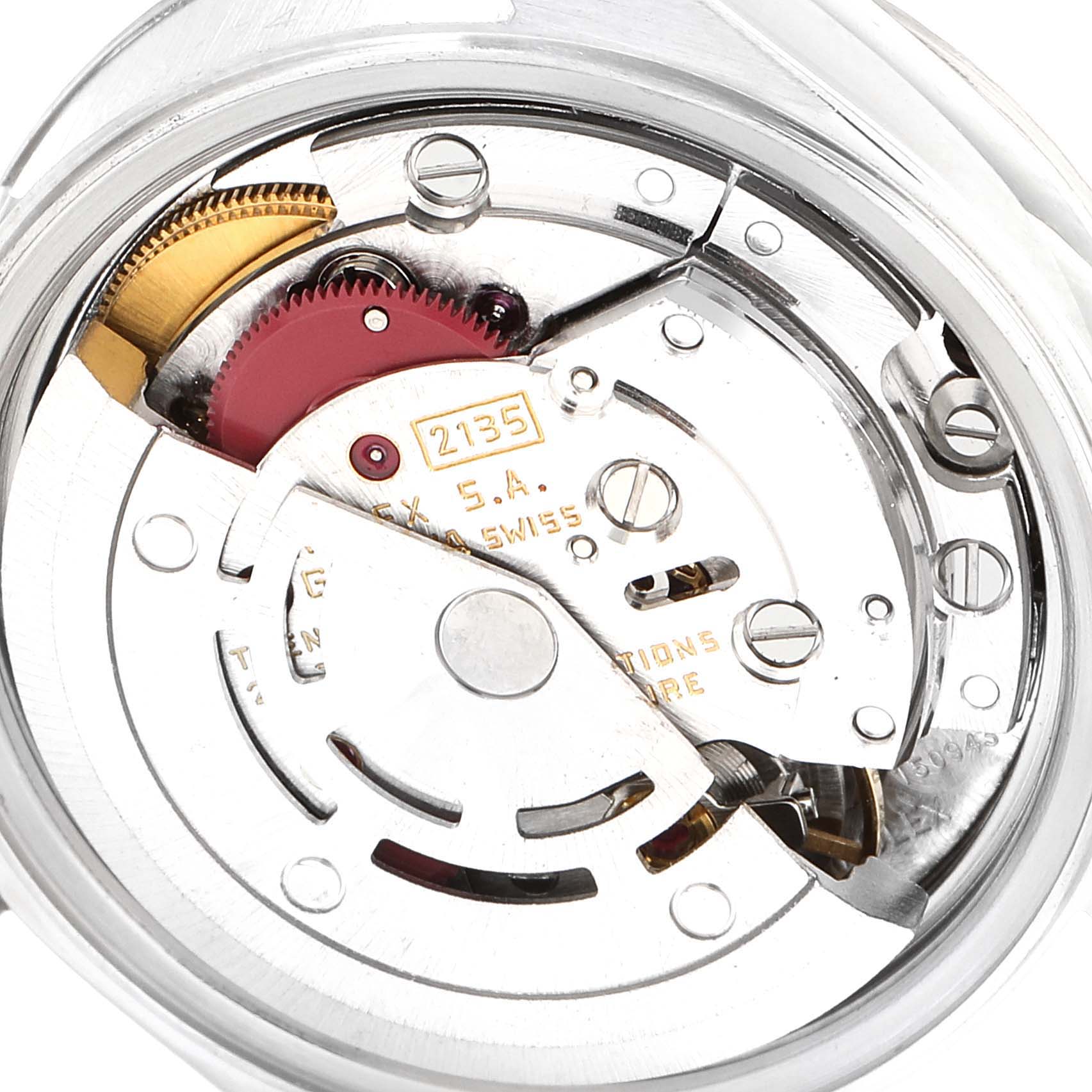 This image shows the back view of a Rolex Date 69174 Women's Stainless Steel Silver Dial 69174 Women's Stainless Steel Silver Dial model watch, revealing its internal mechanical movement components.