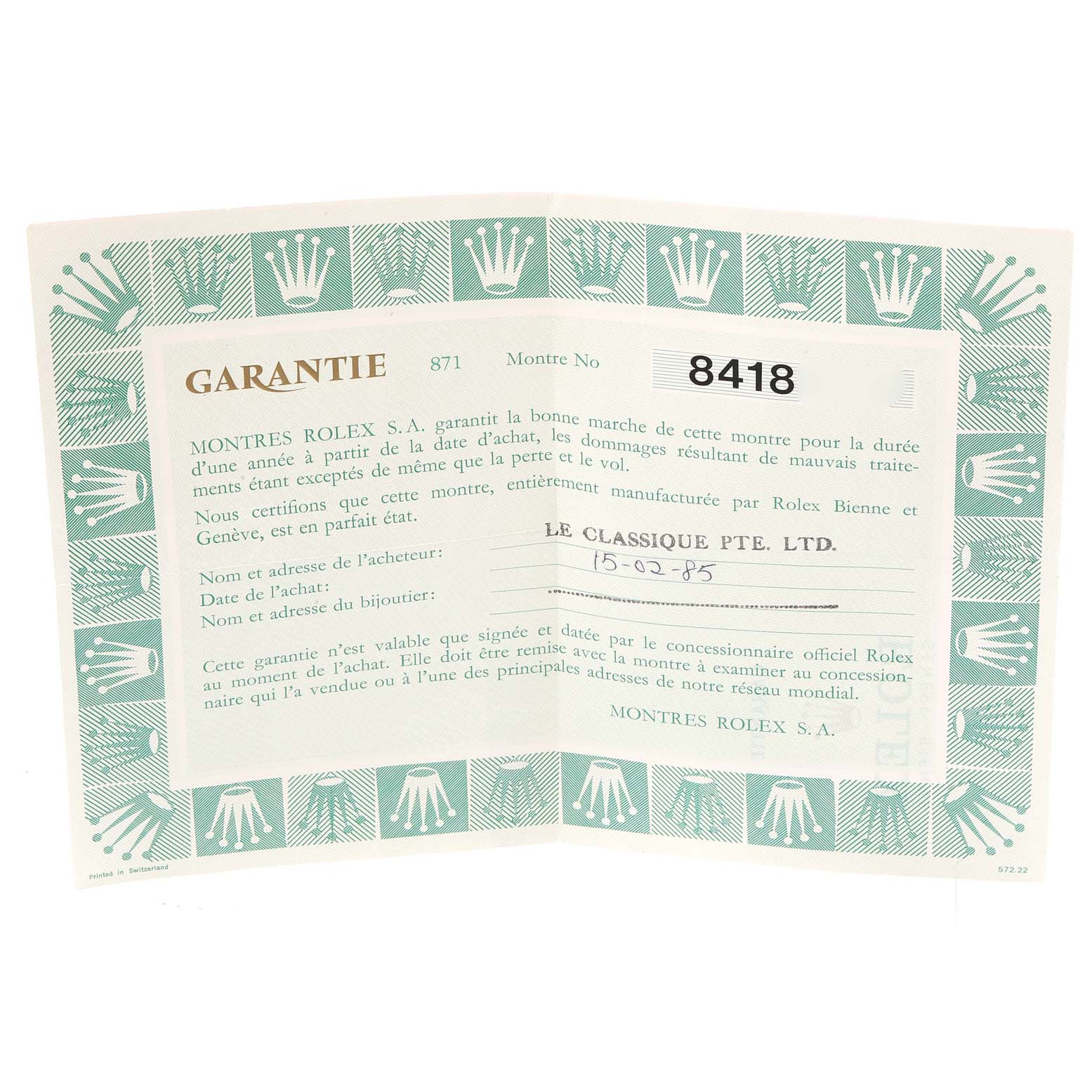 The image shows a warranty card for a Rolex Date 69174 Women's Stainless Steel Silver Dial 69174 Women's Stainless Steel Silver Dial model featuring details about purchase and authenticity.