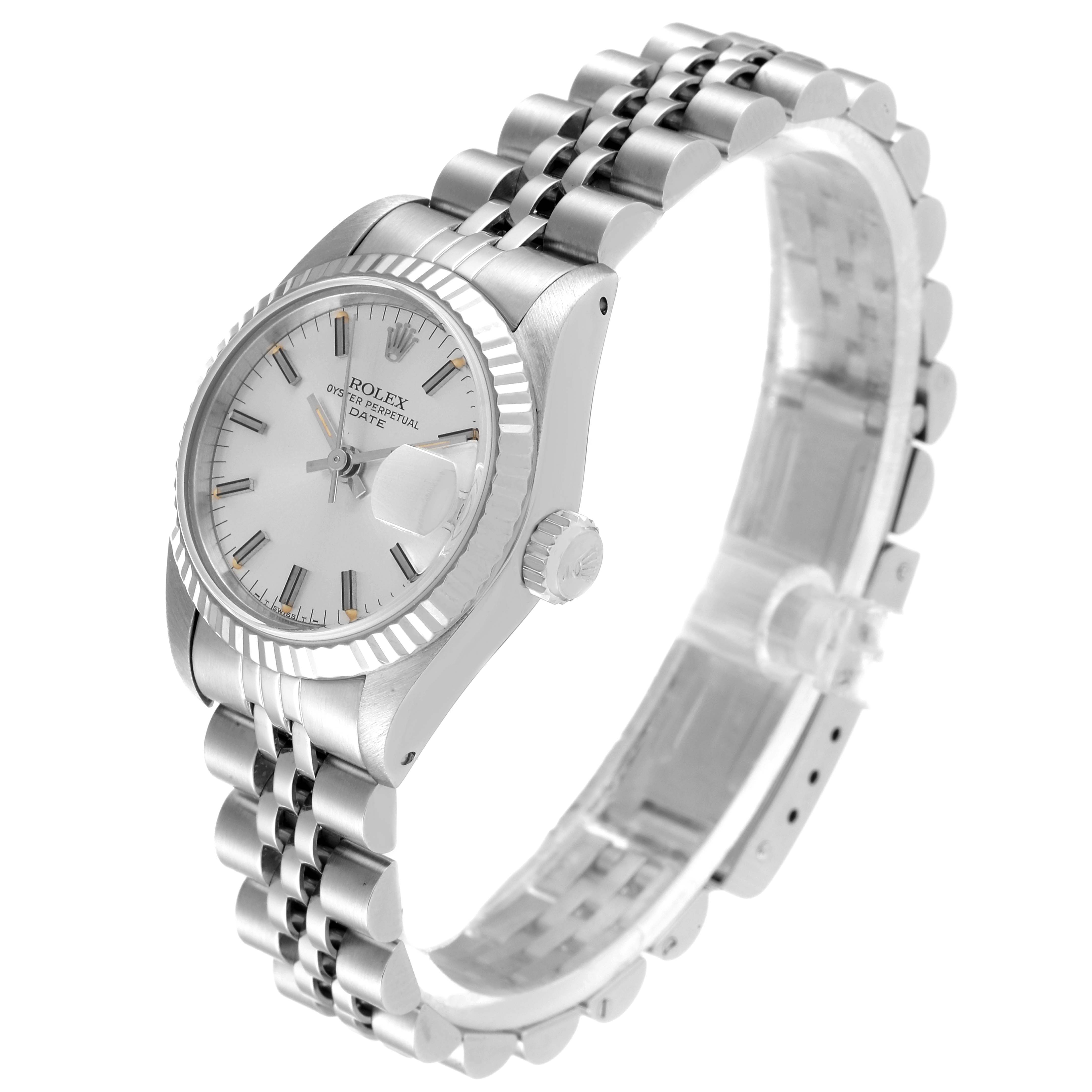 The image shows a Rolex Date 69174 Women's Stainless Steel Silver Dial 69174 Women's Stainless Steel Silver Dial model watch from an angled top-side view, highlighting its dial, bracelet, and case.