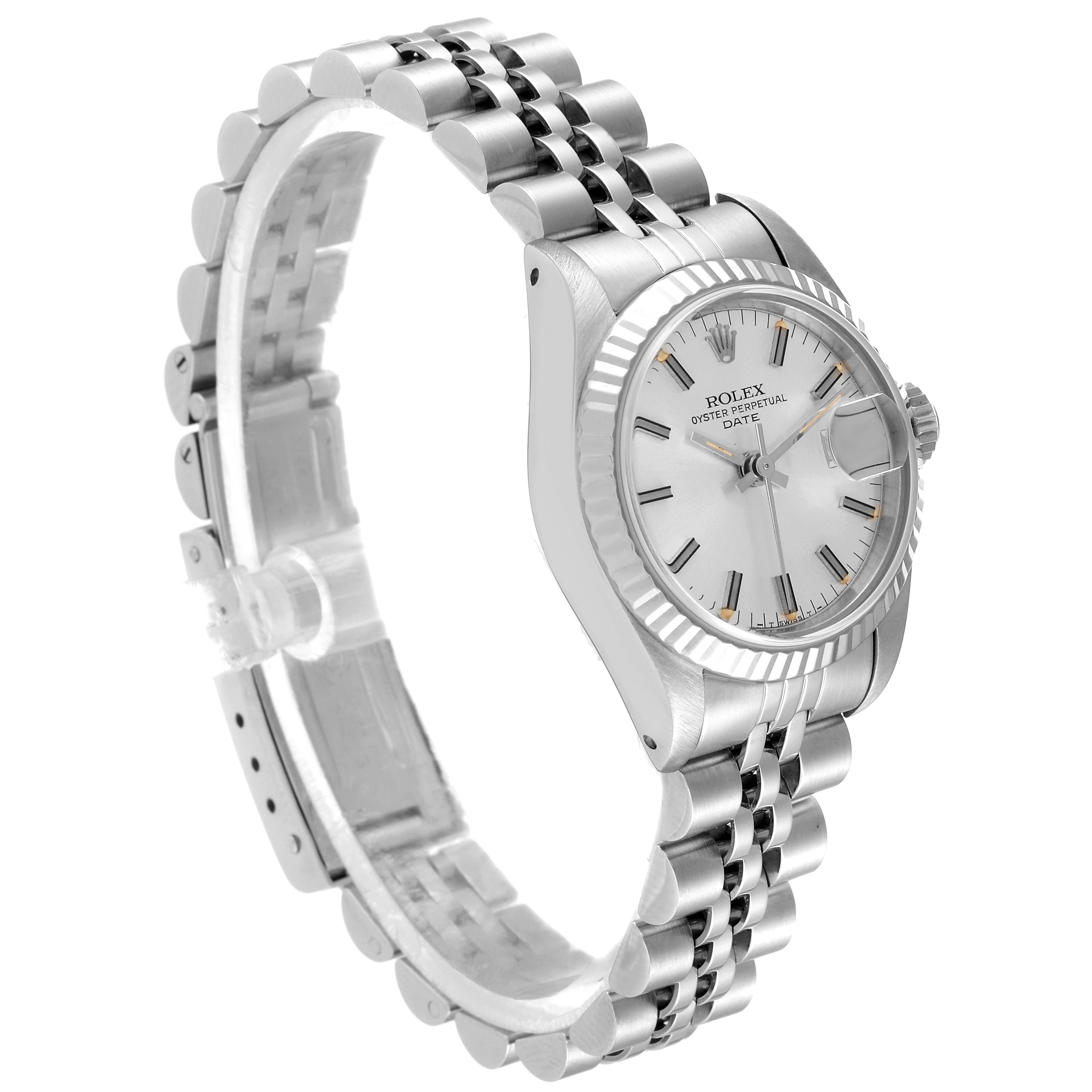 The image shows a side angle showcasing the bracelet, case, bezel, and dial of a Rolex Date 69174 Women's Stainless Steel Silver Dial 69174 Women's Stainless Steel Silver Dial model watch.