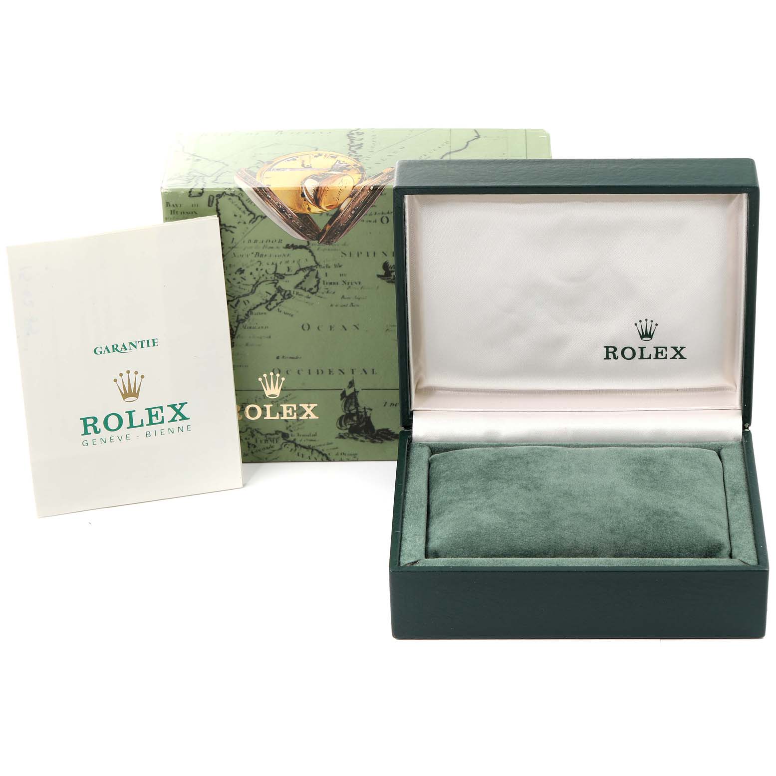 The image shows an empty Rolex Date 69174 Women's Stainless Steel Silver Dial 69174 Women's Stainless Steel Silver Dial model watch box, its outer packaging, and a warranty card.