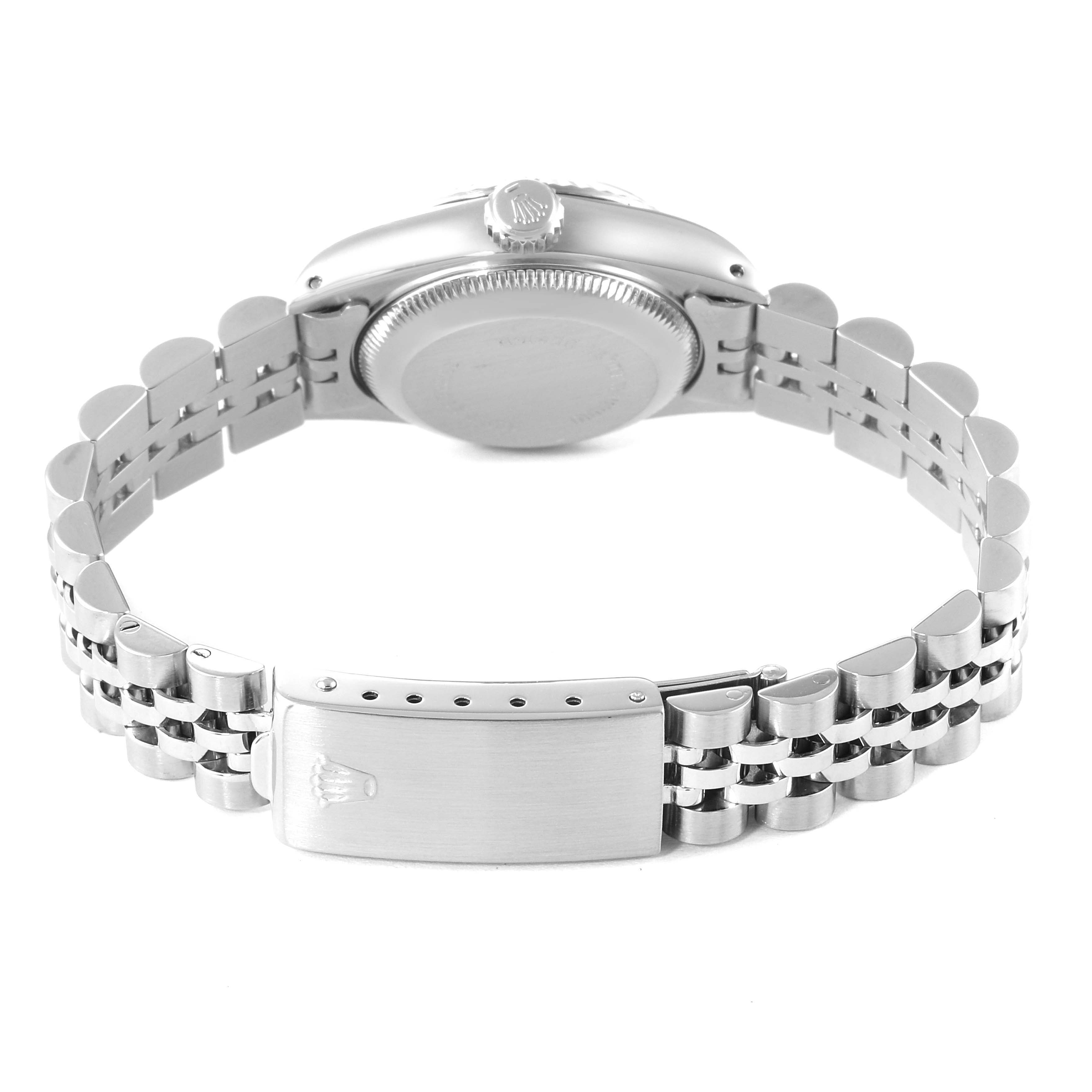 The image shows the back view of a Rolex Date 69174 Women's Stainless Steel Silver Dial 69174 Women's Stainless Steel Silver Dial model watch, highlighting the case back and stainless steel bracelet with clasp.