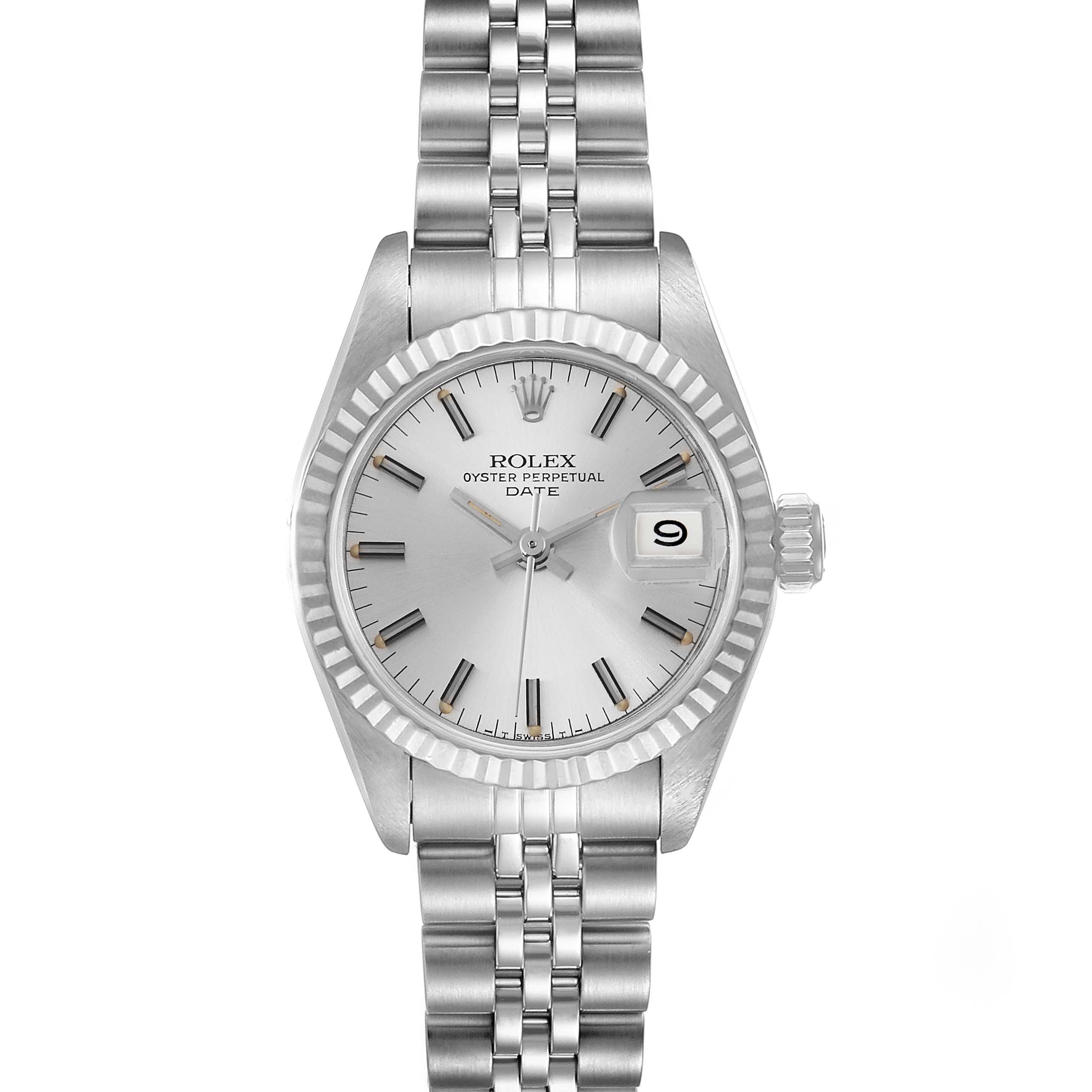 The image shows a Rolex Date 69174 Women's Stainless Steel Silver Dial 69174 Women's Stainless Steel Silver Dial model watch, viewed from the front, highlighting the dial, bracelet, and date window.