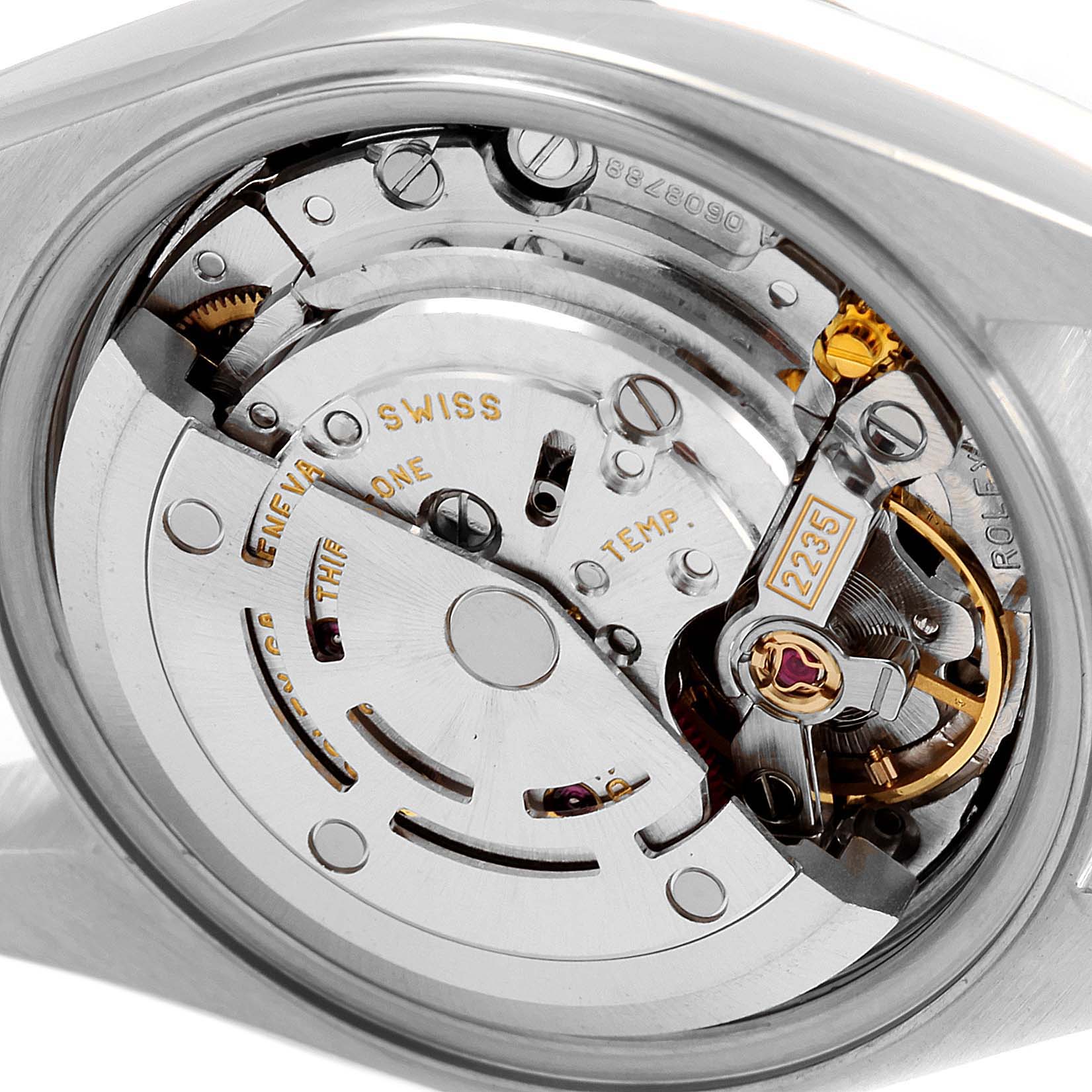 The image shows the internal movement mechanism of a Rolex Datejust 79174 Women's Stainless Steel Black Dial 79174 Women's Stainless Steel Black Dial watch from a close-up angle.