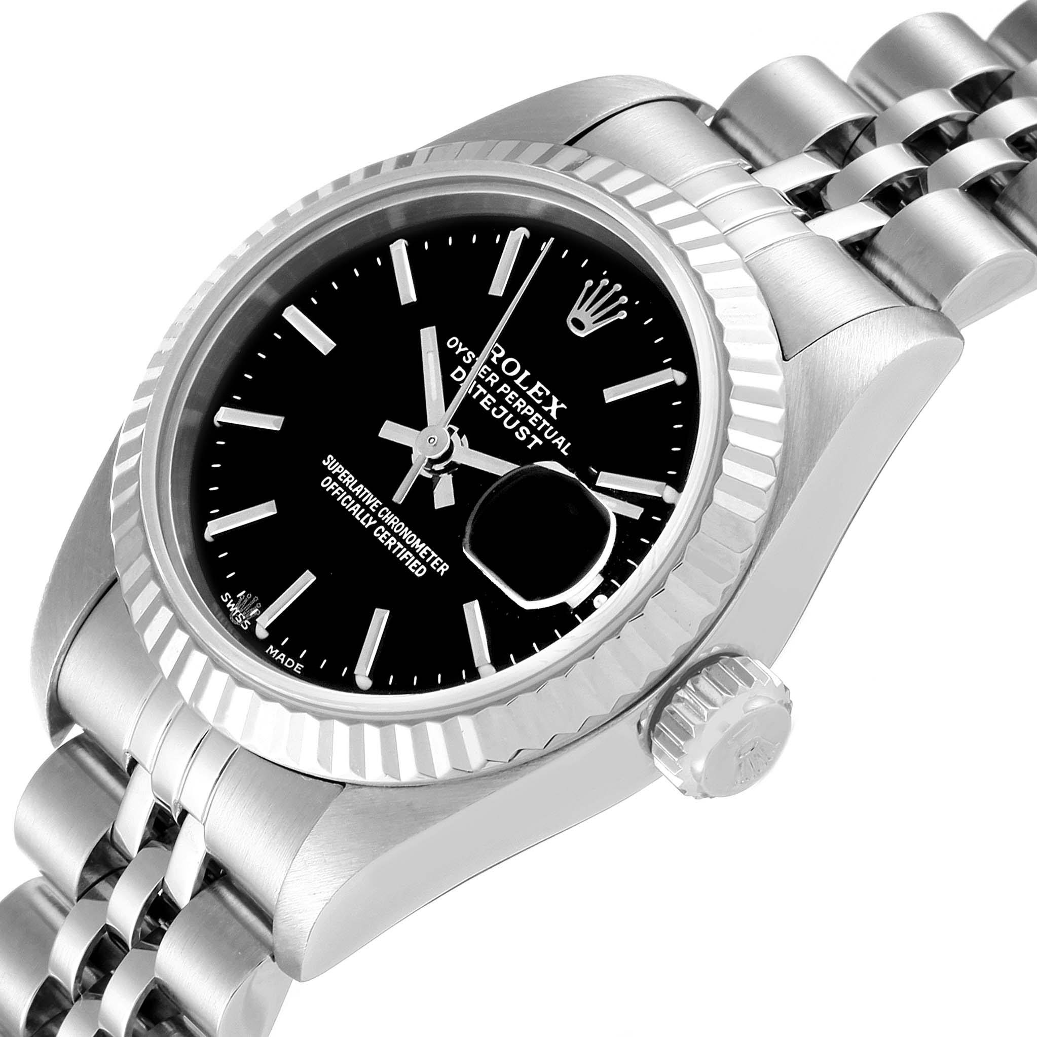 This Rolex Datejust 79174 Women's Stainless Steel Black Dial 79174 Women's Stainless Steel Black Dial watch image shows a partial front view, crown, bezel, and part of the bracelet.