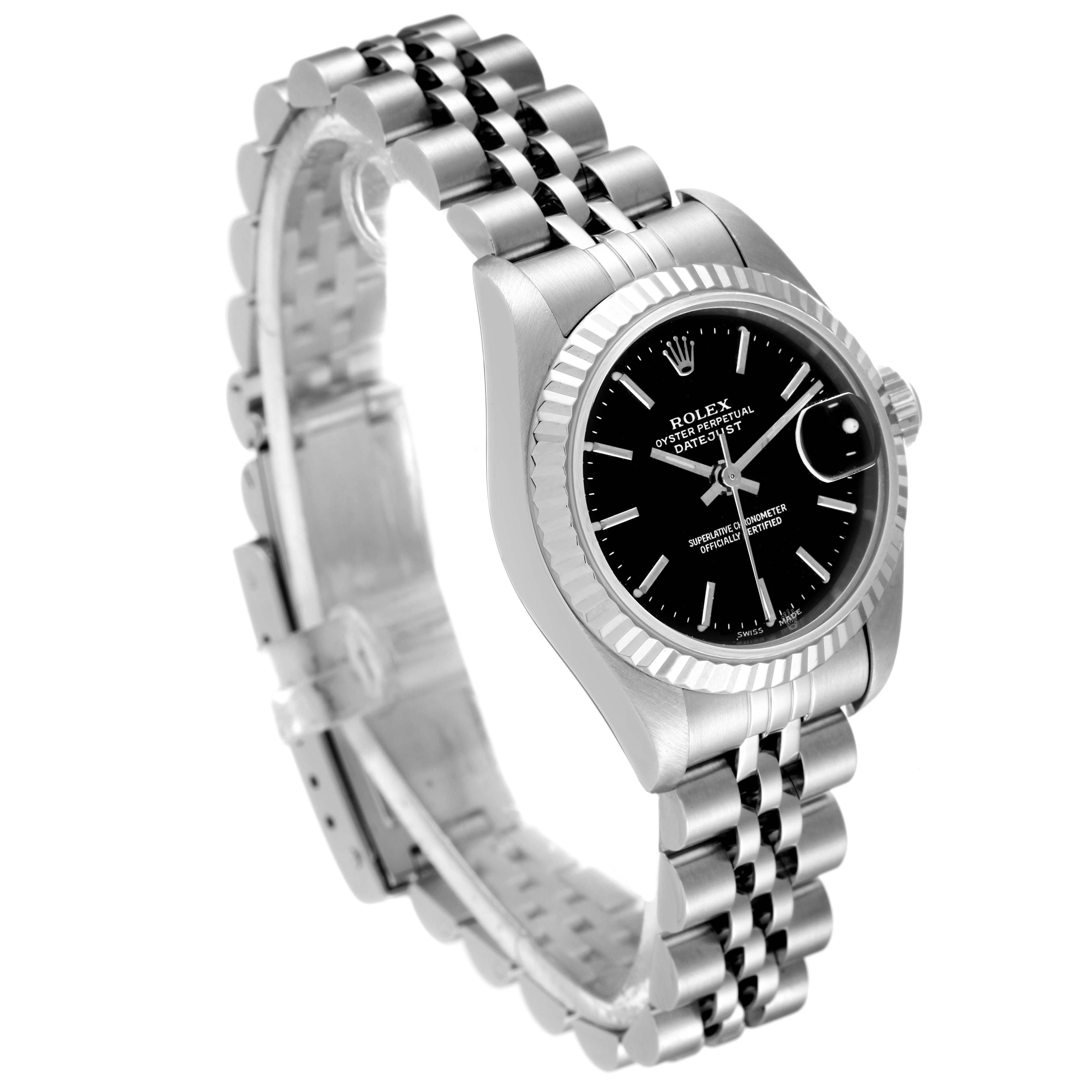This is a Rolex Datejust 79174 Women's Stainless Steel Black Dial 79174 Women's Stainless Steel Black Dial watch shown at a slight angle, displaying its face, bezel, and metal bracelet.