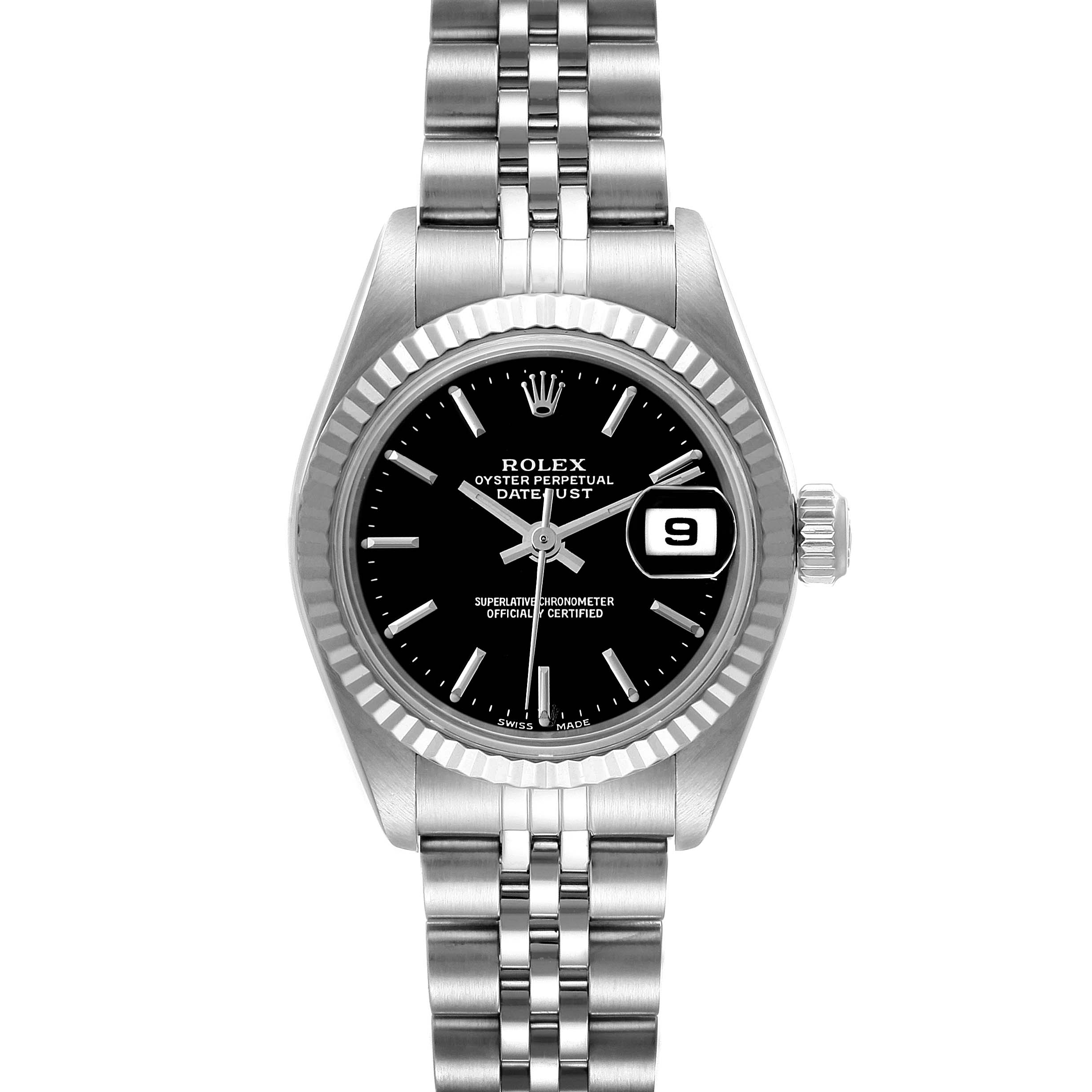 This image shows a front view of the Rolex Datejust 79174 Women's Stainless Steel Black Dial 79174 Women's Stainless Steel Black Dial watch, highlighting its dial, bracelet, and bezel at a straight-on angle.