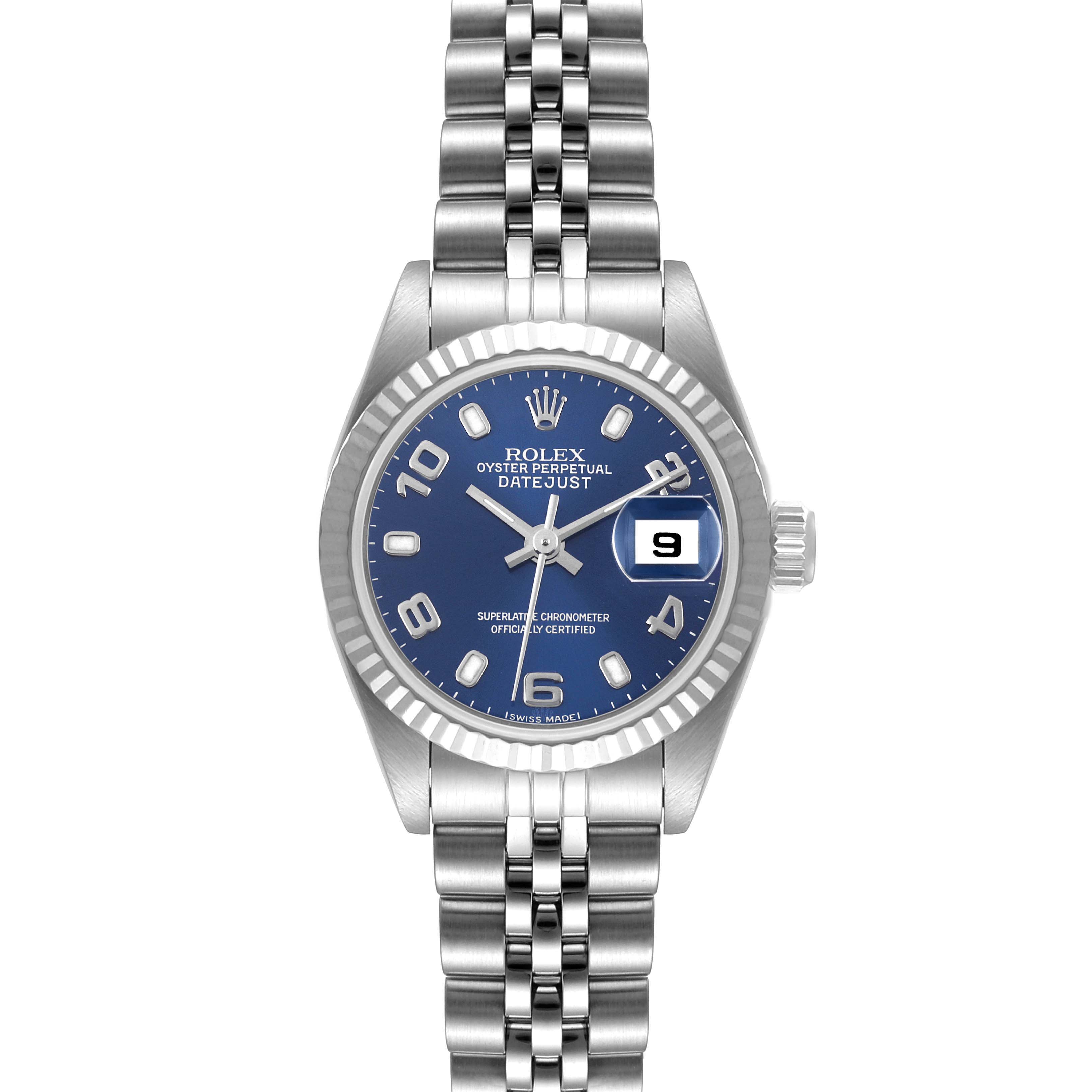 This image shows a full front view of a Rolex Datejust 79174 Women
s Stainless Steel Blue Dial 79174 Women
s Stainless Steel Blue Dial watch featuring its blue dial, date window, bezel, and stainless steel bracelet.