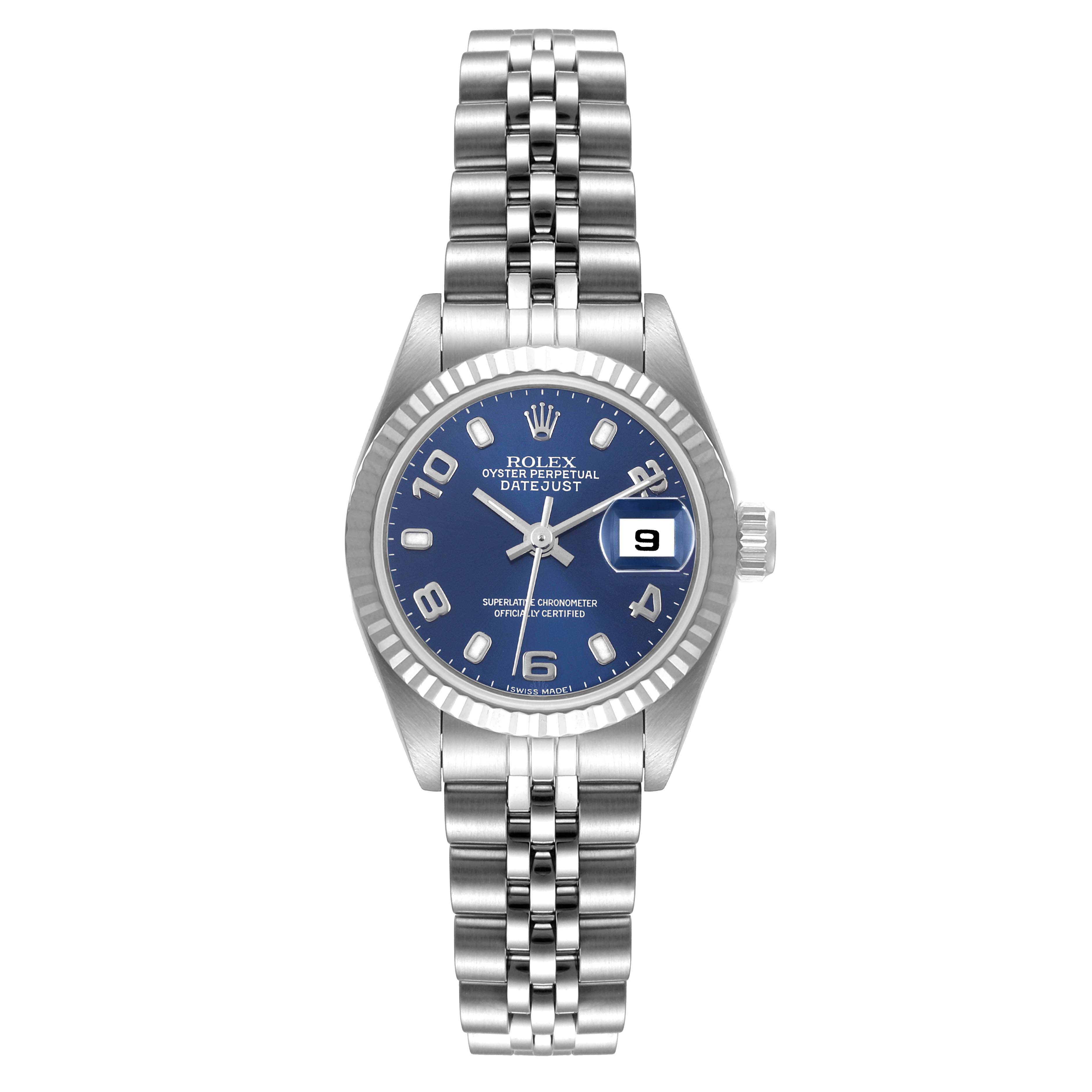 This image shows a front view of a Rolex Datejust 79174 Women
s Stainless Steel Blue Dial 79174 Women
s Stainless Steel Blue Dial watch featuring a blue dial, and silver bracelet.