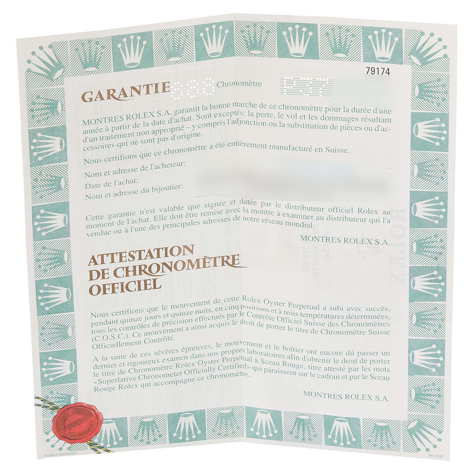 This image shows the warranty and certification documents for a Rolex Datejust 79174 Women
s Stainless Steel Blue Dial 79174 Women
s Stainless Steel Blue Dial watch, featuring text in French and green logos.