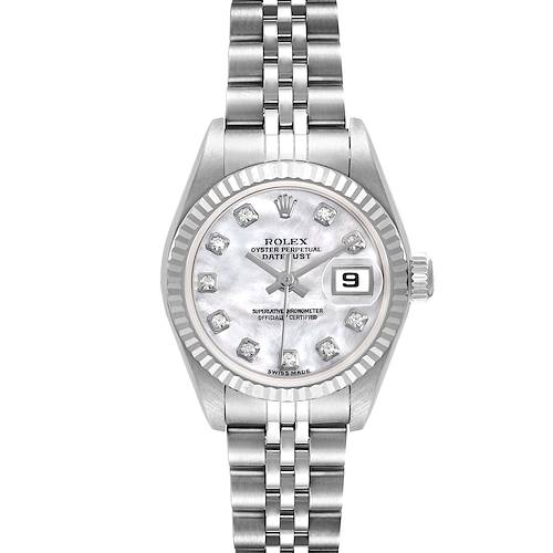The Rolex Datejust 79174 Women's Stainless Steel Mother of Pearl Dial watch is shown from a top-down angle, highlighting the face, bezel, crown, and bracelet.