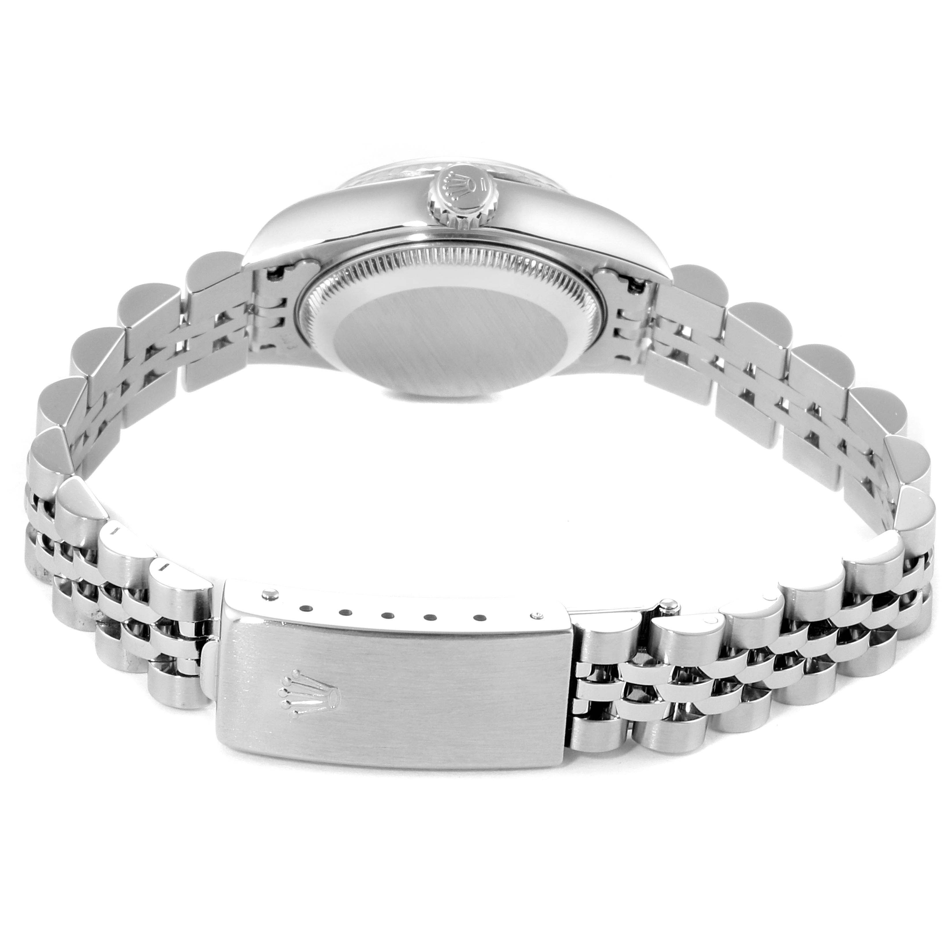 This image shows the back view of a Rolex Datejust 79174 Women
s Stainless Steel Pink Dial 79174 Women
s Stainless Steel Pink Dial watch, highlighting the case back, bracelet, and clasp.