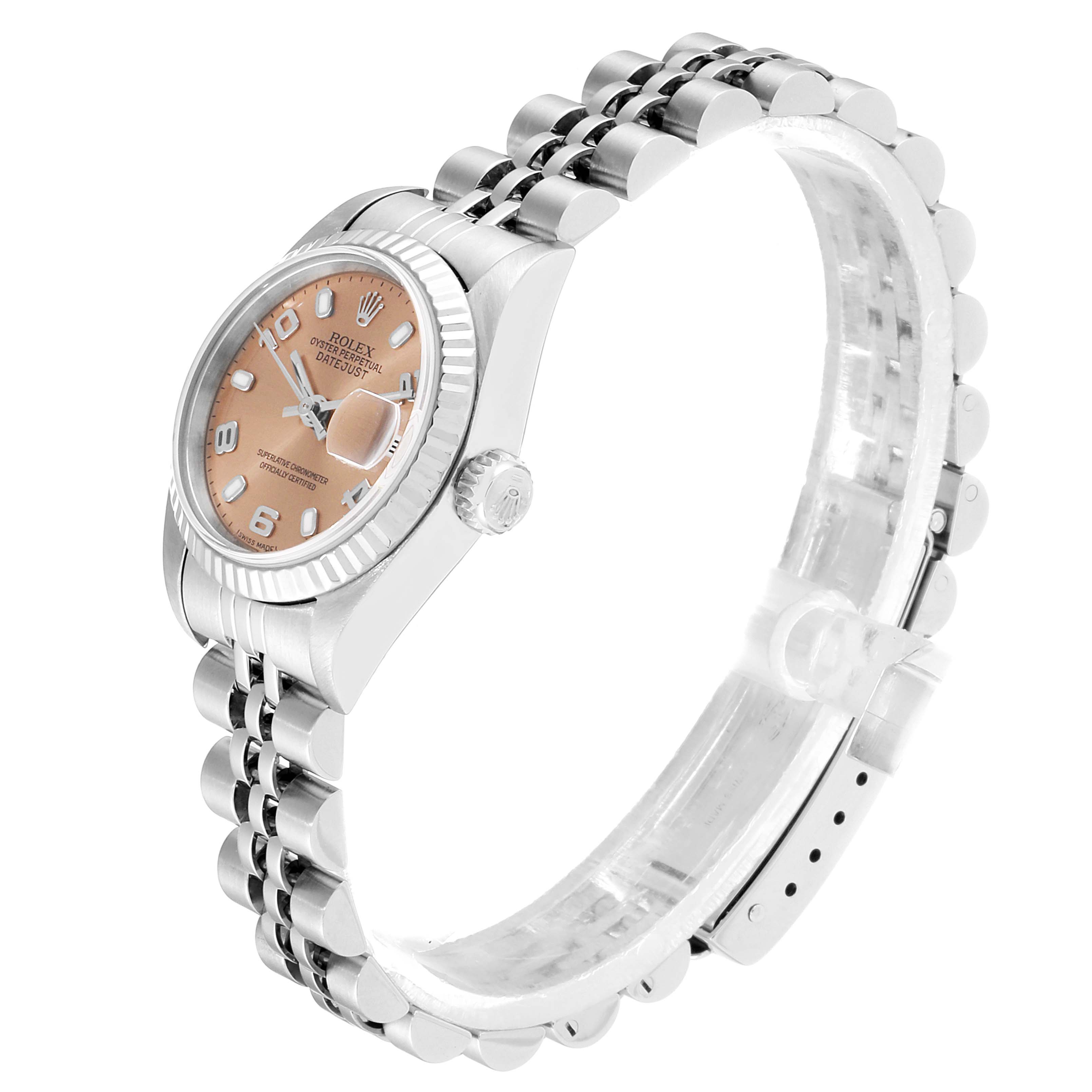 The image shows a side-angle view of a Rolex Datejust 79174 Women
s Stainless Steel Pink Dial 79174 Women
s Stainless Steel Pink Dial, highlighting the face, bezel, crown, and bracelet.