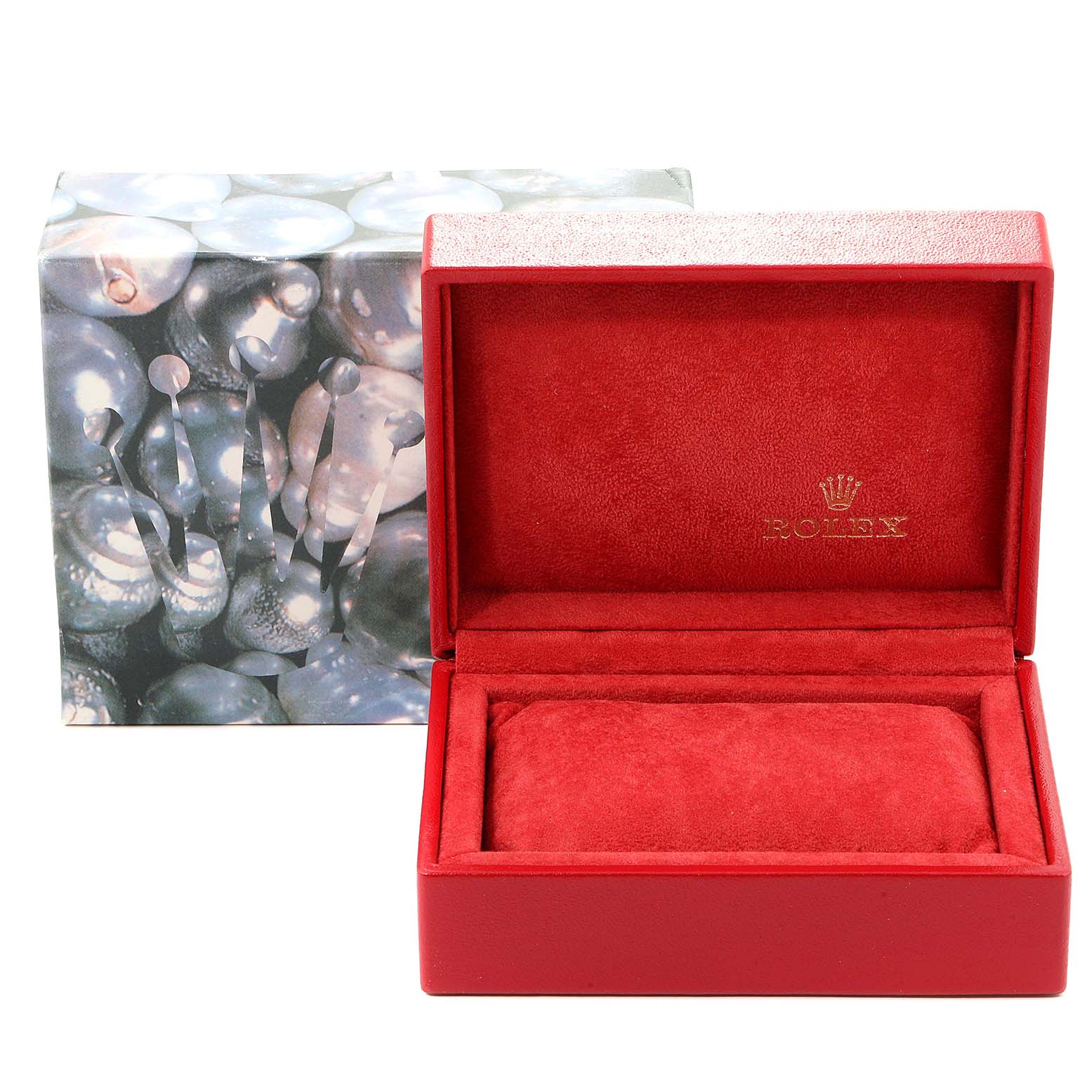 This image shows a red Rolex watch box and outer packaging for the Datejust model.