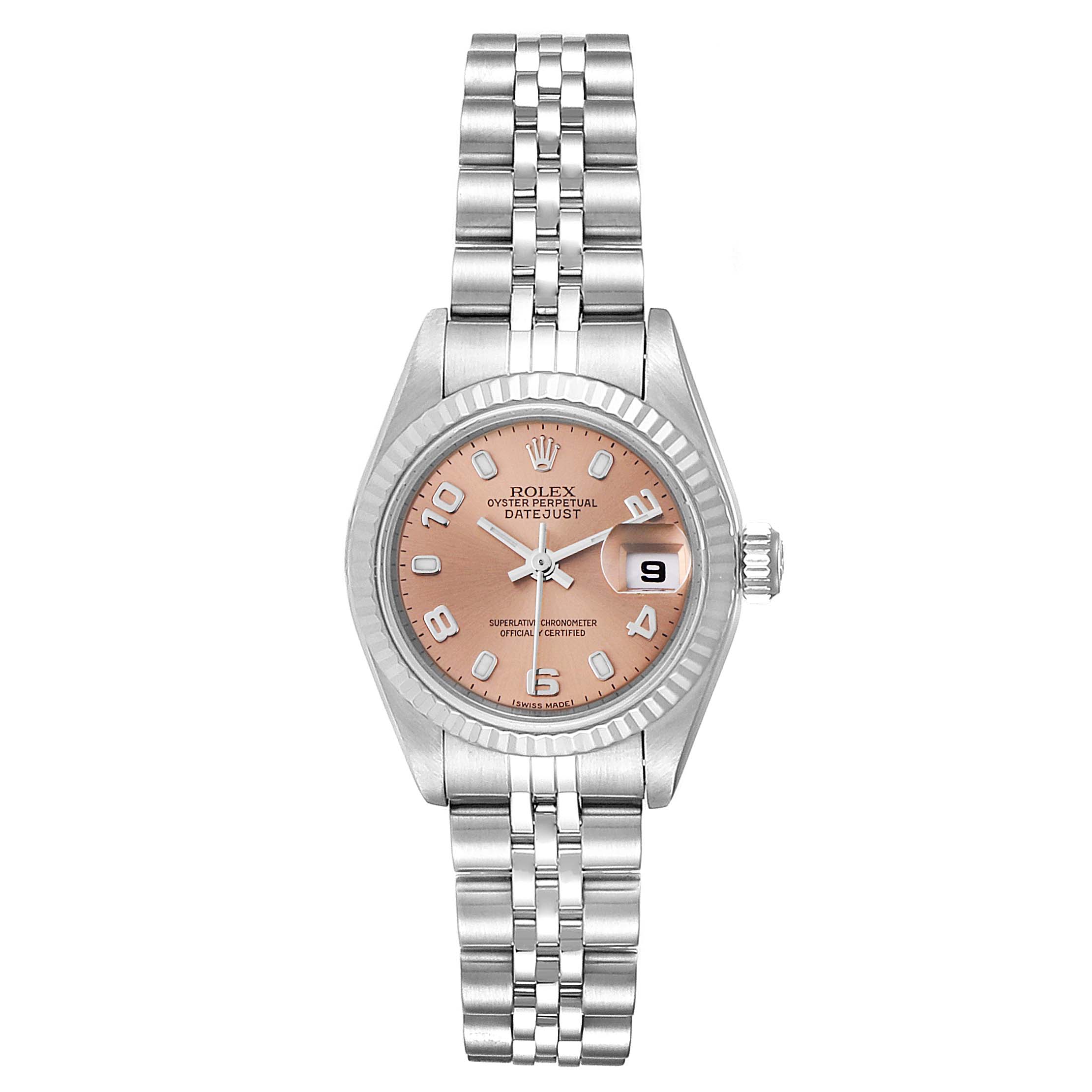 The Rolex Datejust 79174 Women
s Stainless Steel Pink Dial 79174 Women
s Stainless Steel Pink Dial watch is shown from a top-down angle, featuring the dial, bezel, crown, and bracelet.