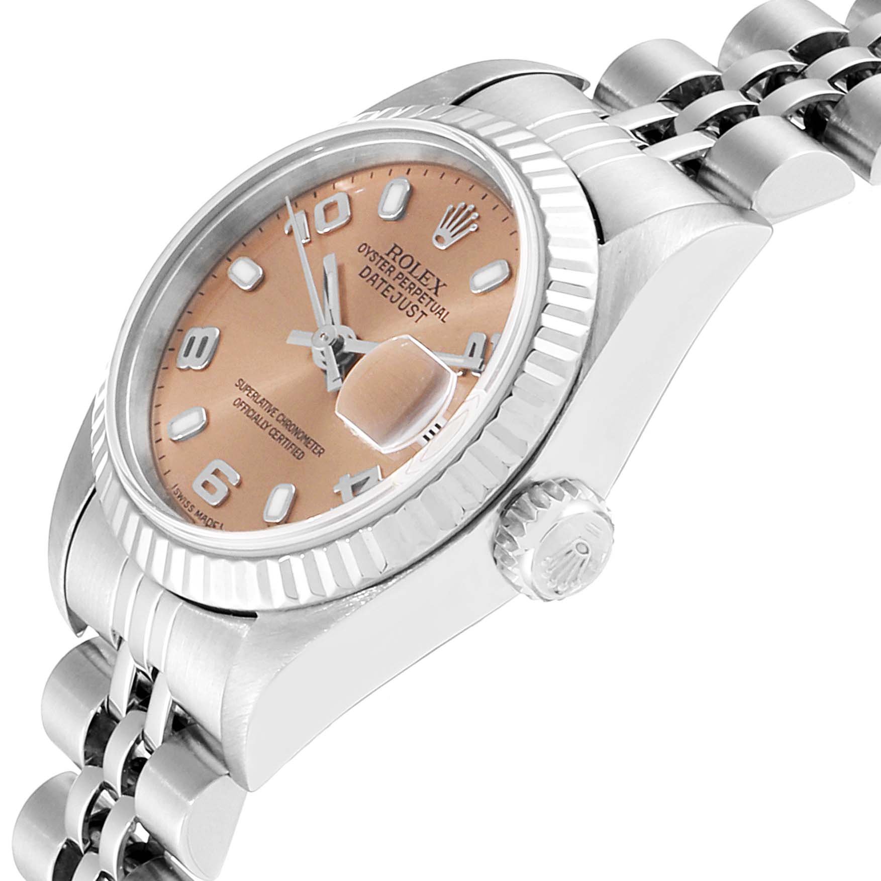 This image shows the Rolex Datejust 79174 Women
s Stainless Steel Pink Dial 79174 Women
s Stainless Steel Pink Dial watch from a three-quarter angle, highlighting the case, dial, crown, and bracelet.