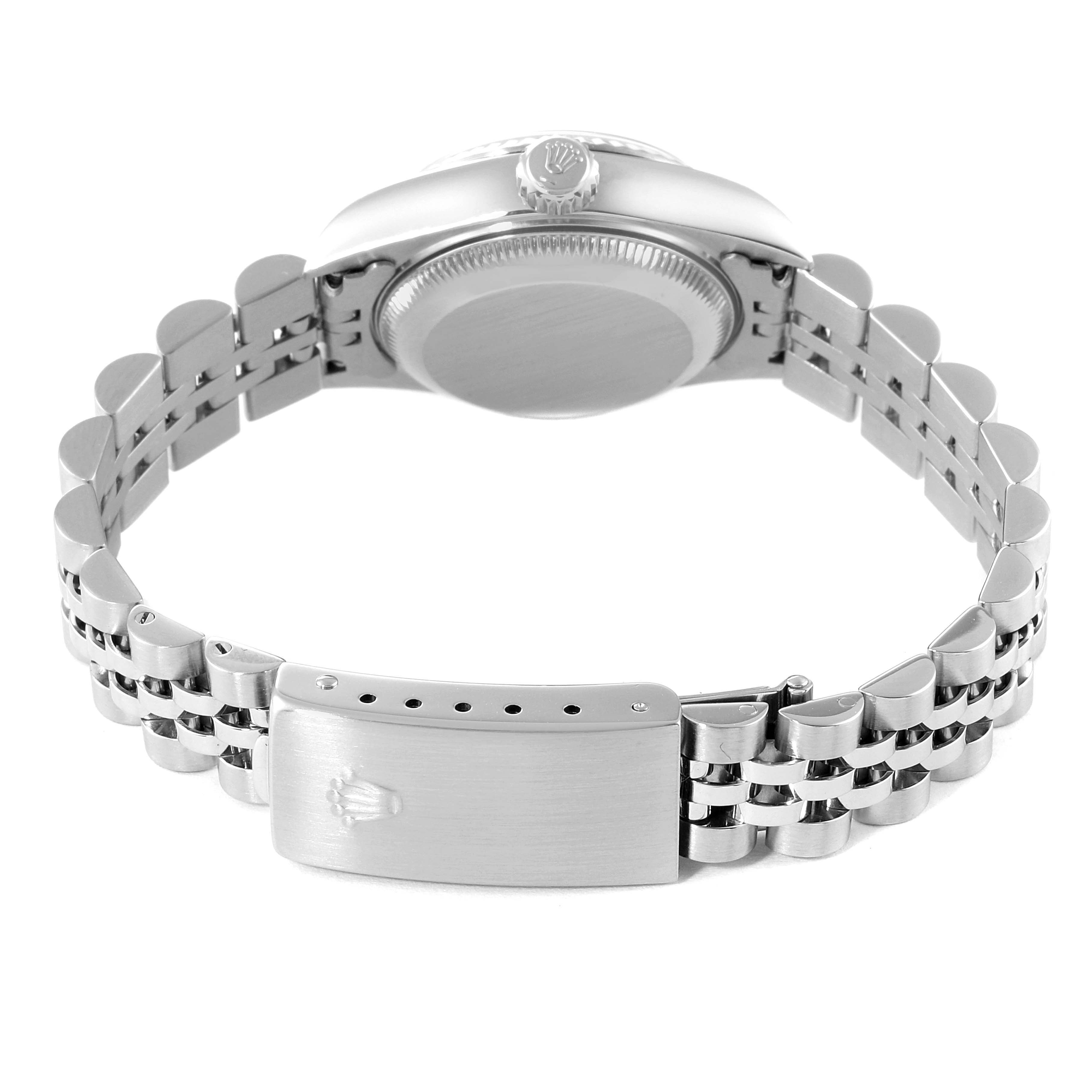 This image shows the back view of a Rolex Datejust 79174 Women
s Stainless Steel Silver Dial 79174 Women
s Stainless Steel Silver Dial watch, highlighting the case back, crown, and bracelet with the clasp.