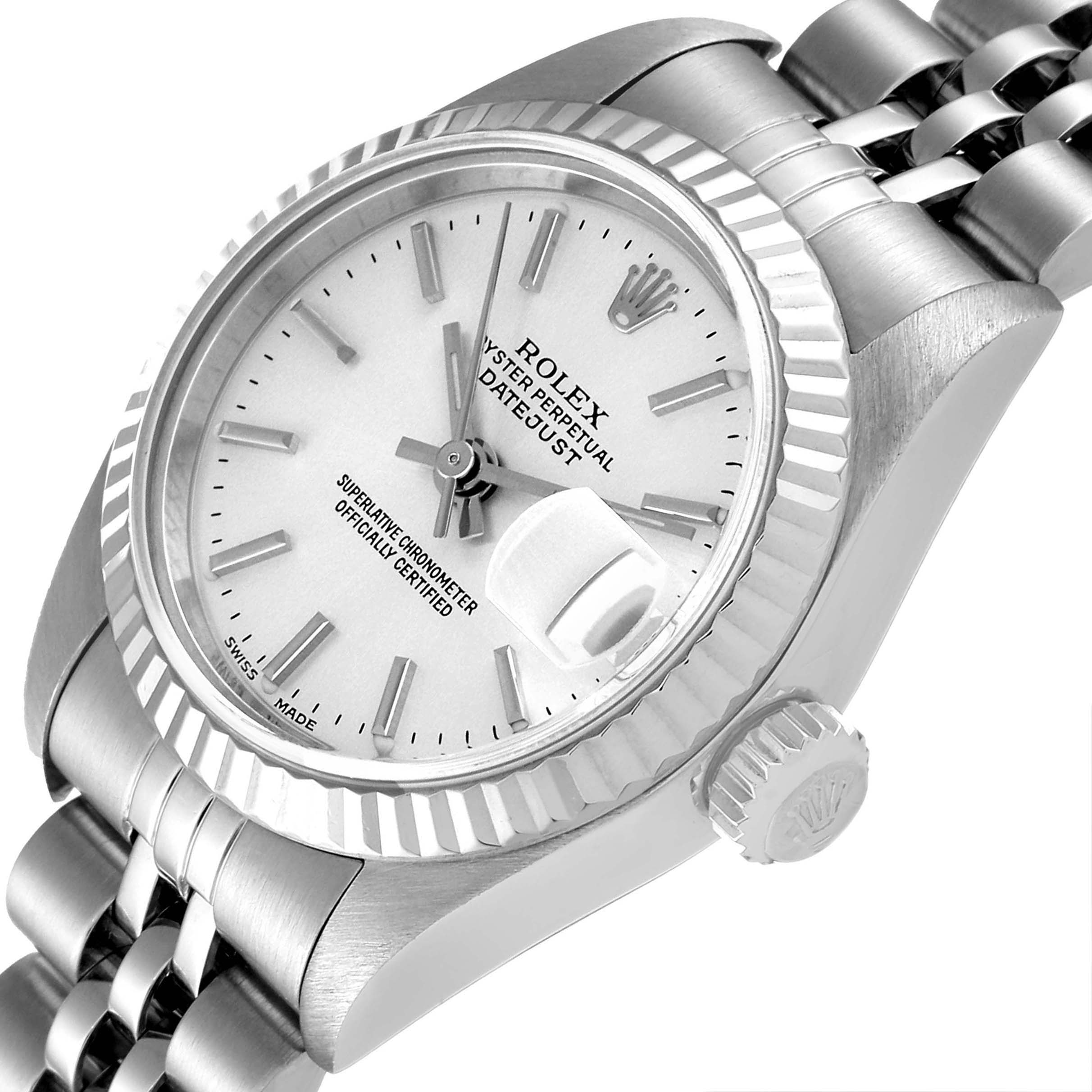 The image shows a close-up angle of a Rolex Datejust 79174 Women
s Stainless Steel Silver Dial 79174 Women
s Stainless Steel Silver Dial watch, highlighting its dial, bezel, crown, and part of the bracelet.