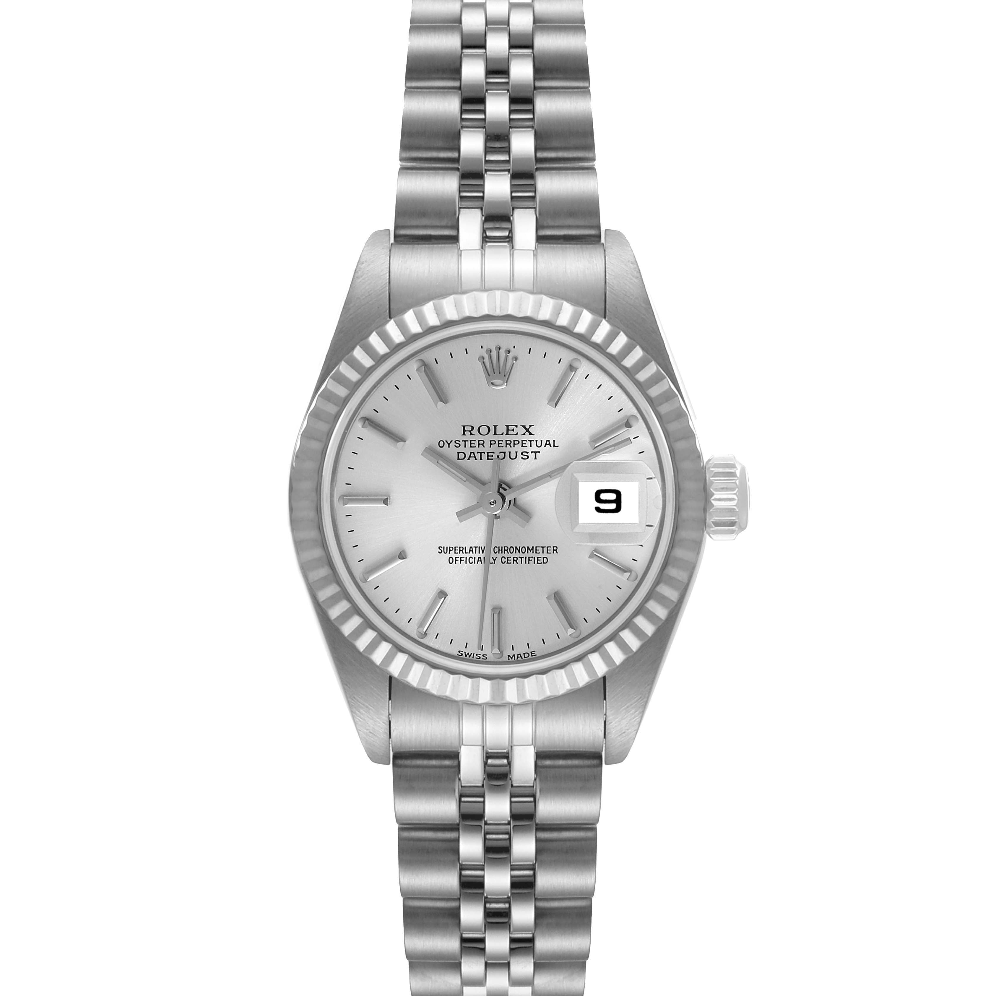 This image shows a front view of a Rolex Datejust 79174 Women
s Stainless Steel Silver Dial 79174 Women
s Stainless Steel Silver Dial watch, highlighting the dial, bezel, and bracelet.