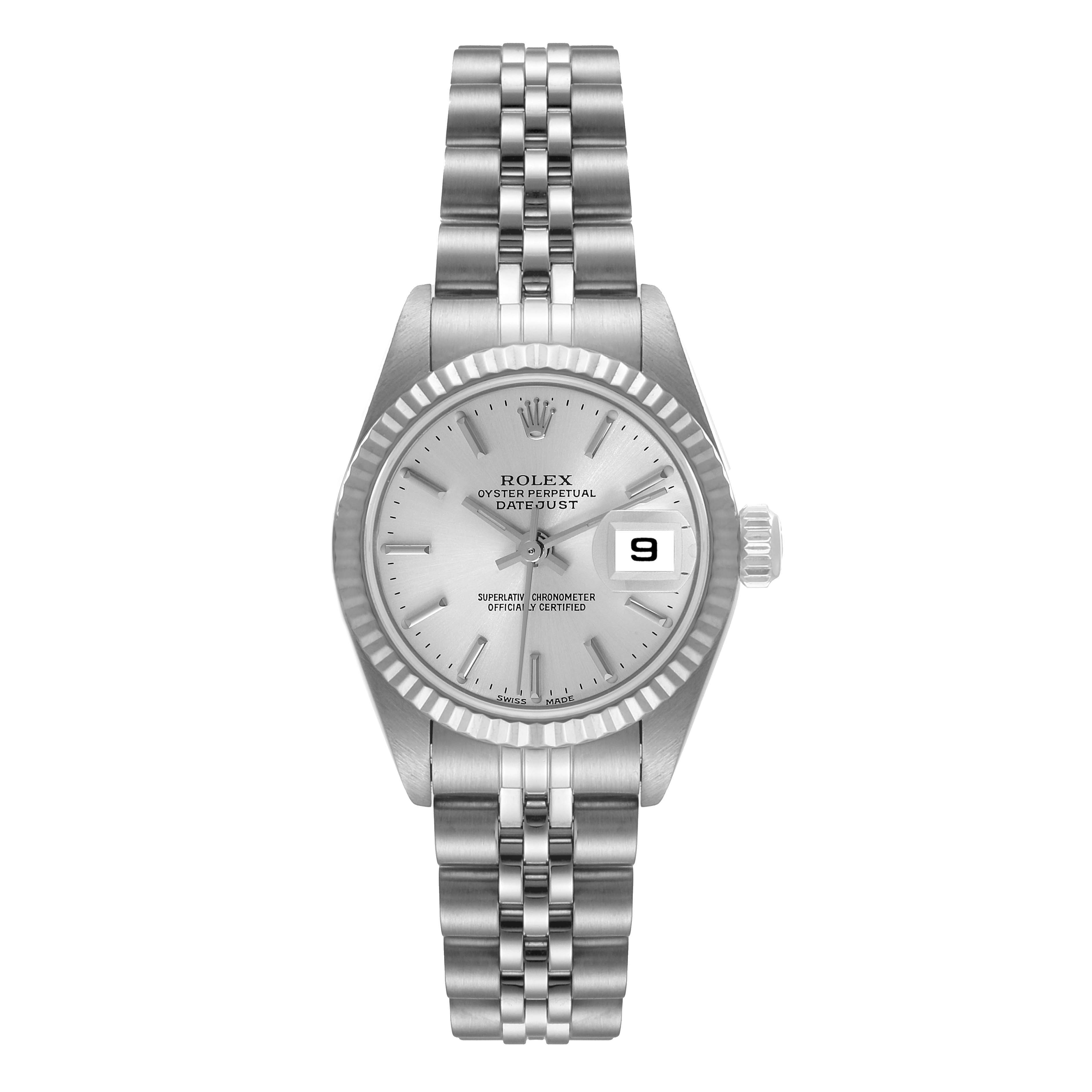The image shows a front view of a Rolex Datejust 79174 Women
s Stainless Steel Silver Dial 79174 Women
s Stainless Steel Silver Dial watch, displaying the dial, date window, and Jubilee bracelet.