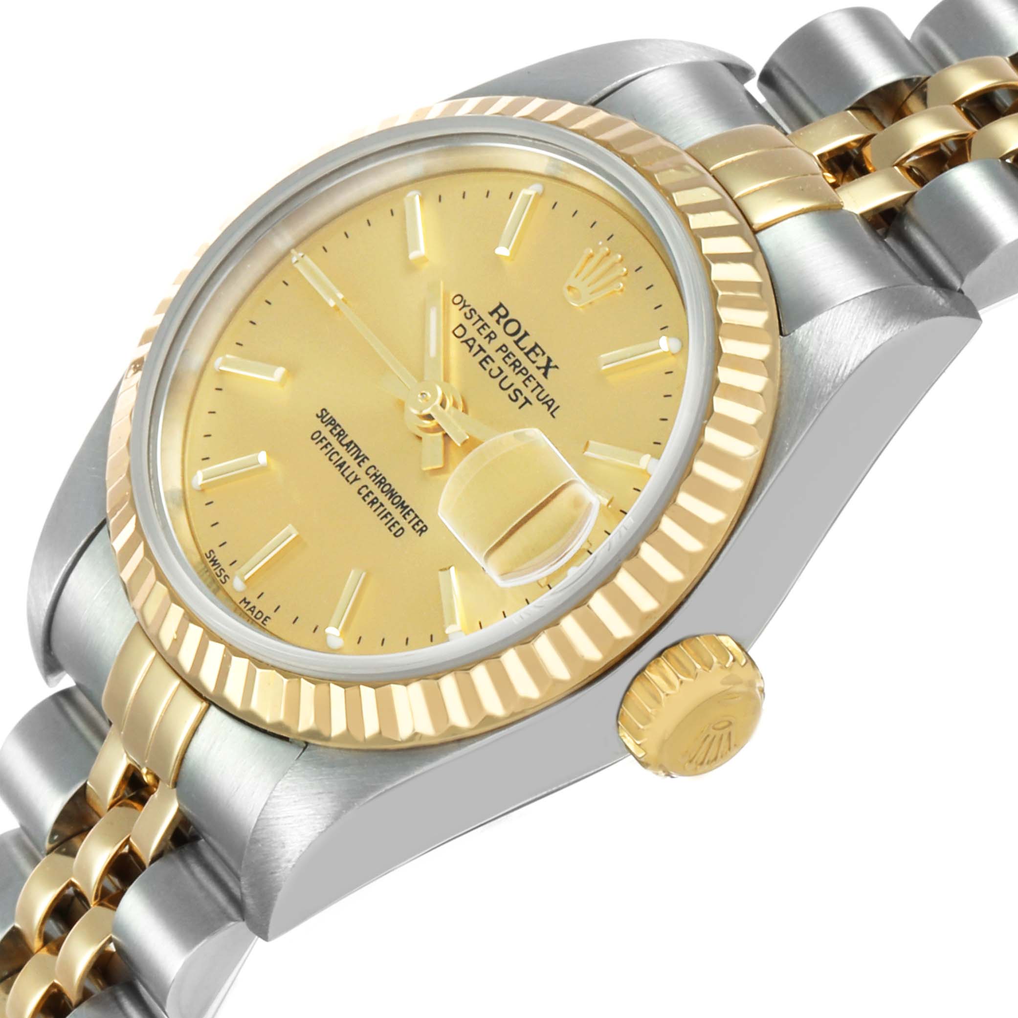 The Rolex Datejust 79173 Women's Steel and Gold (two tone) Champagne Dial watch is shown from a side angle highlighting the dial, bezel, crown, and bracelet.