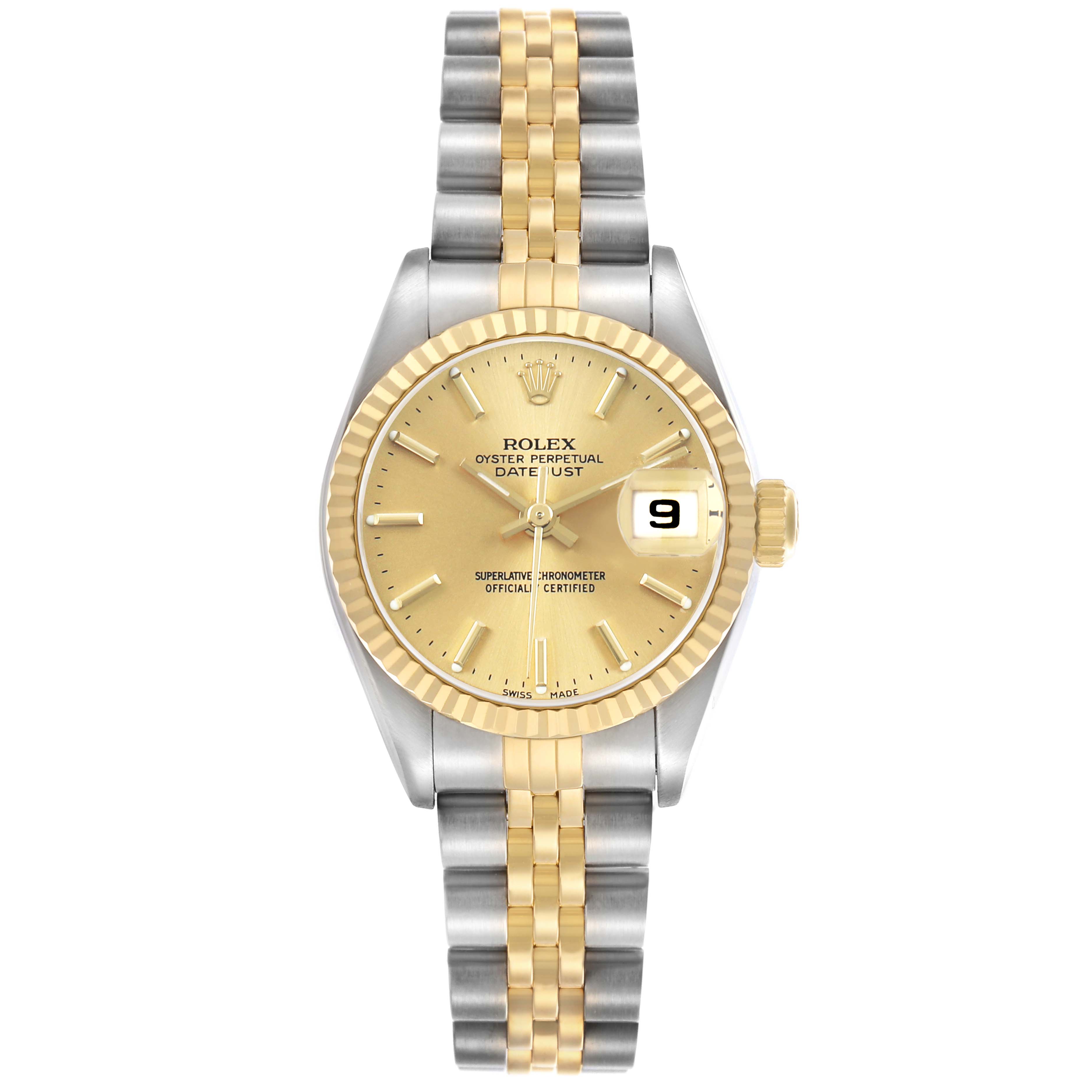 The Rolex Datejust 79173 Women's Steel and Gold (two tone) Champagne Dial watch is shown from a front angle, highlighting the bezel, dial, hands, date, and bracelet.