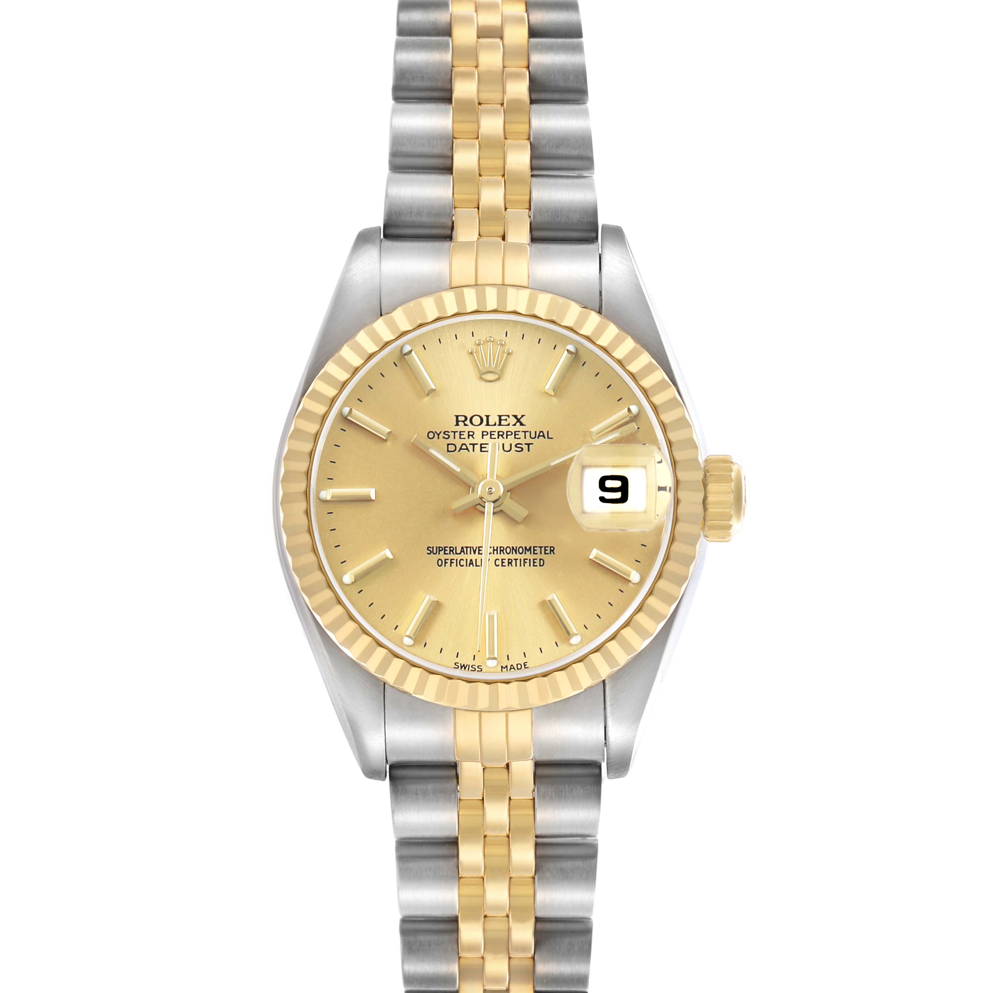 The Rolex Datejust 79173 Women's Steel and Gold (two tone) Champagne Dial watch is shown from a top-down angle, displaying the face, bezel, crown, and bracelet.