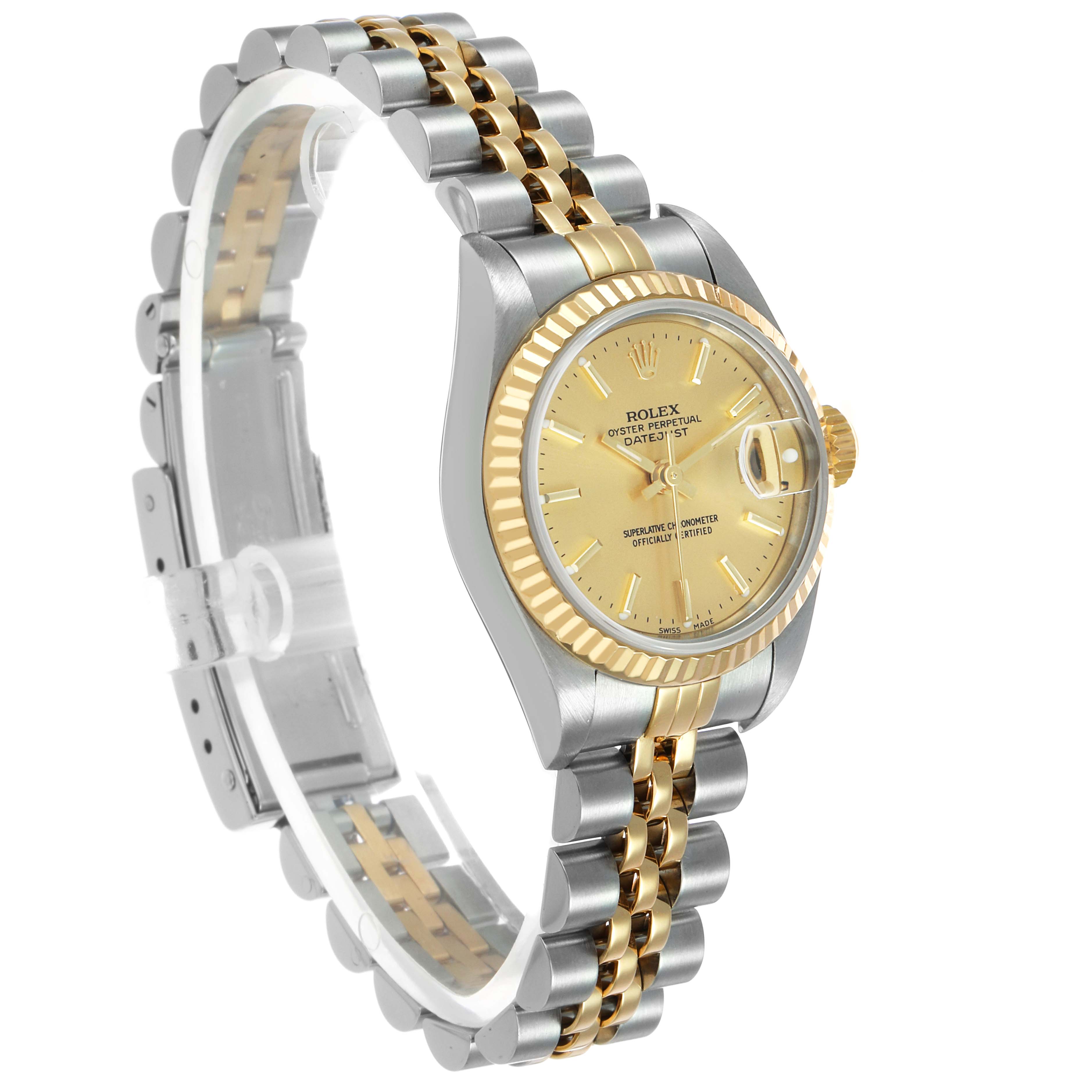 The Rolex Datejust 79173 Women's Steel and Gold (two tone) Champagne Dial watch is shown from an angled side view, highlighting its two-tone bracelet and fluted bezel.
