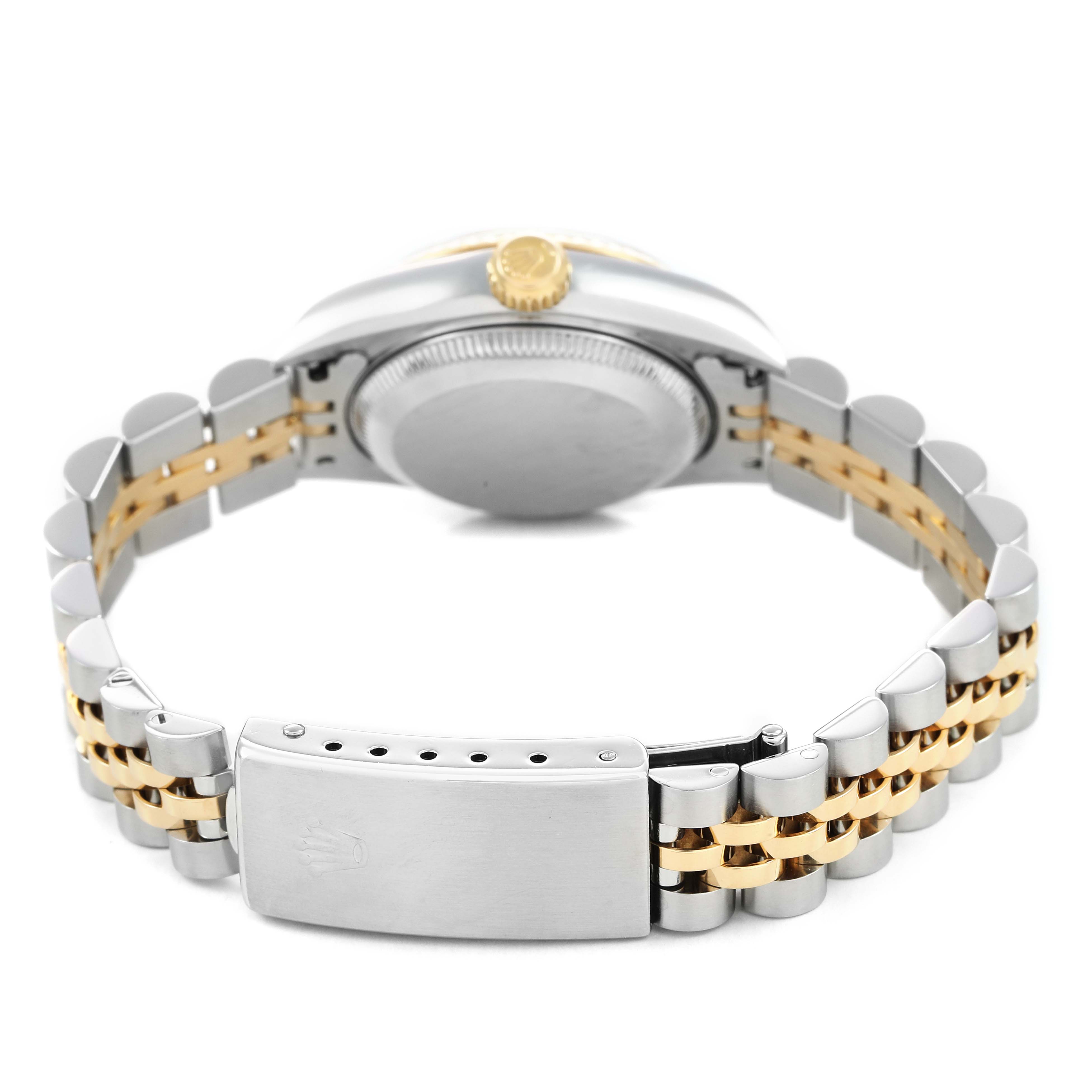 The image shows the back of a Rolex Datejust 79173 Women's Steel and Gold (two tone) Champagne Dial watch, featuring the clasp and bicolored bracelet.