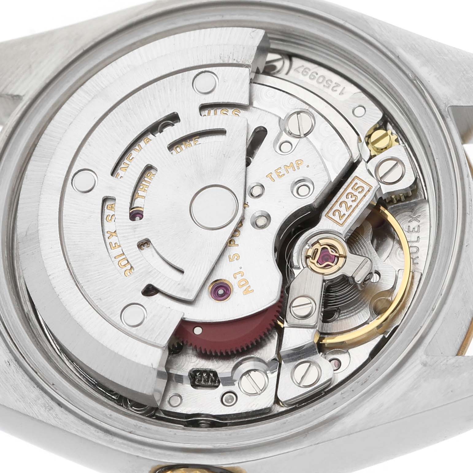 The image shows the movement of a Rolex Datejust 79173 Women's Steel and Gold (two tone) Champagne Dial watch from a top-down angle, highlighting its intricate internal mechanism.