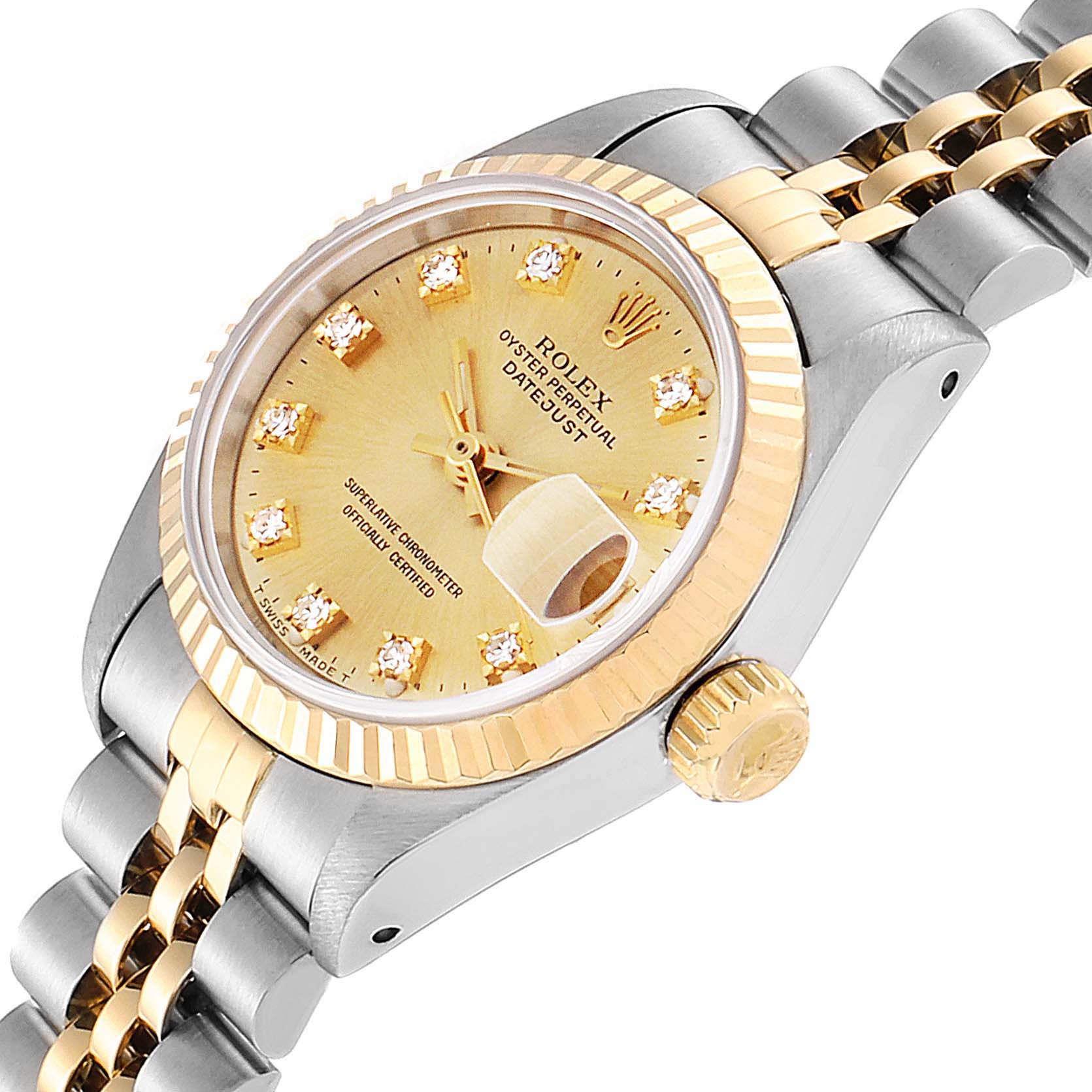 This image shows a Rolex Datejust 69173 Women
s Steel and Gold (two tone) Champagne Dial 69173 Women
s Steel and Gold (two tone) Champagne Dial watch from a three-quarter angle, highlighting the dial, crown, case, and bracelet.