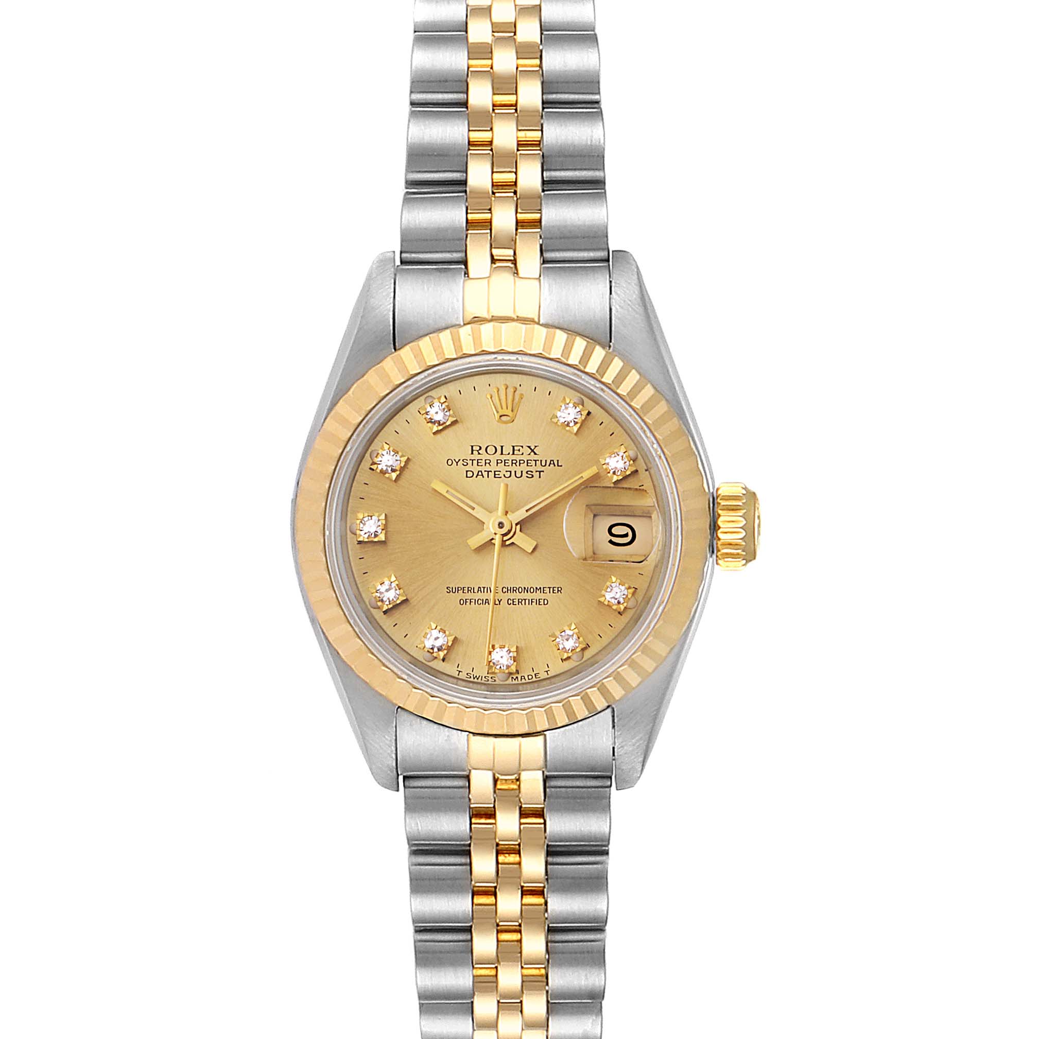 The image shows a front view of the Rolex Datejust 69173 Women
s Steel and Gold (two tone) Champagne Dial 69173 Women
s Steel and Gold (two tone) Champagne Dial watch, featuring its dial, bezel, and two-tone Jubilee bracelet.