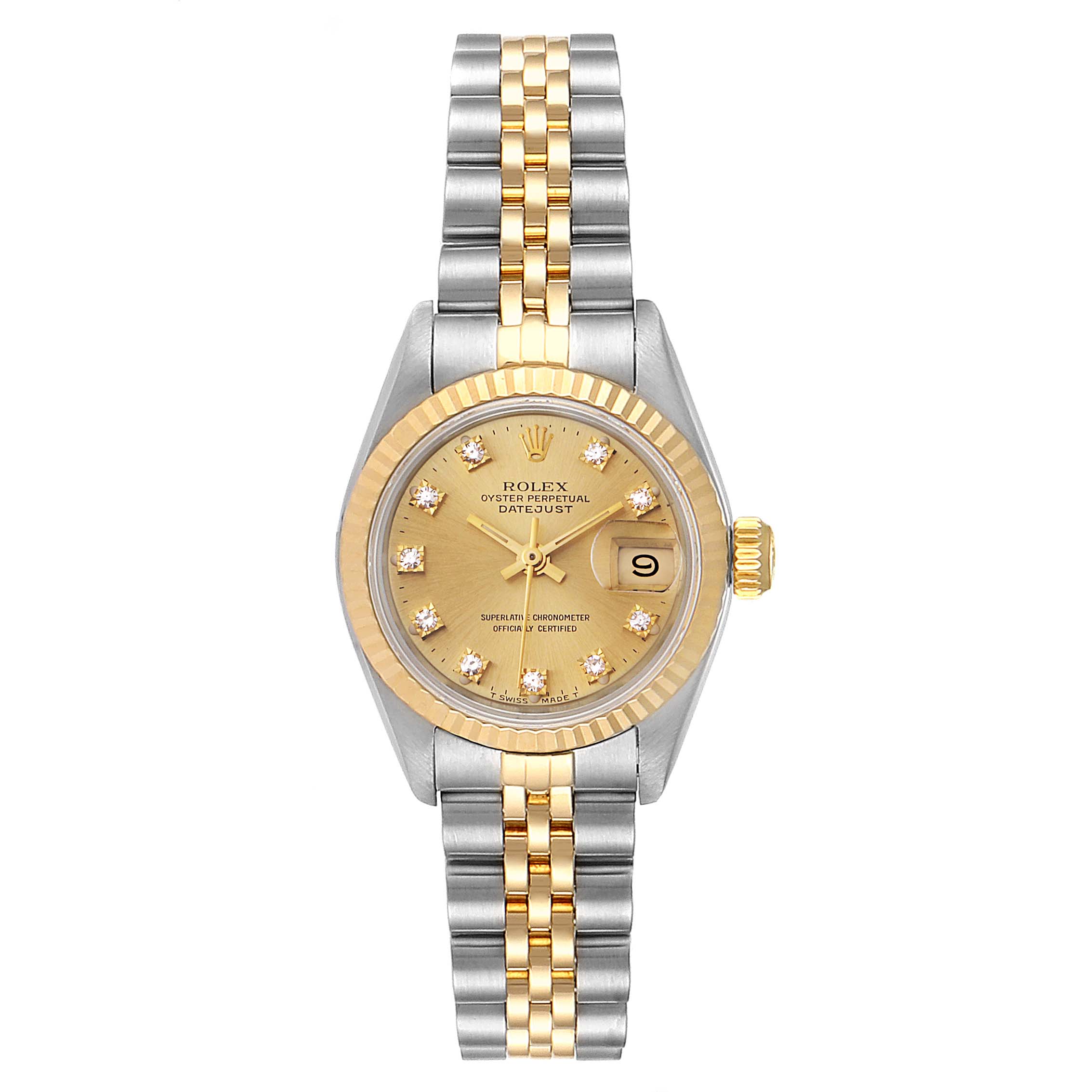 This image shows a Rolex Datejust 69173 Women
s Steel and Gold (two tone) Champagne Dial 69173 Women
s Steel and Gold (two tone) Champagne Dial watch from a top-down angle, highlighting its dial, bezel, and two-tone bracelet.