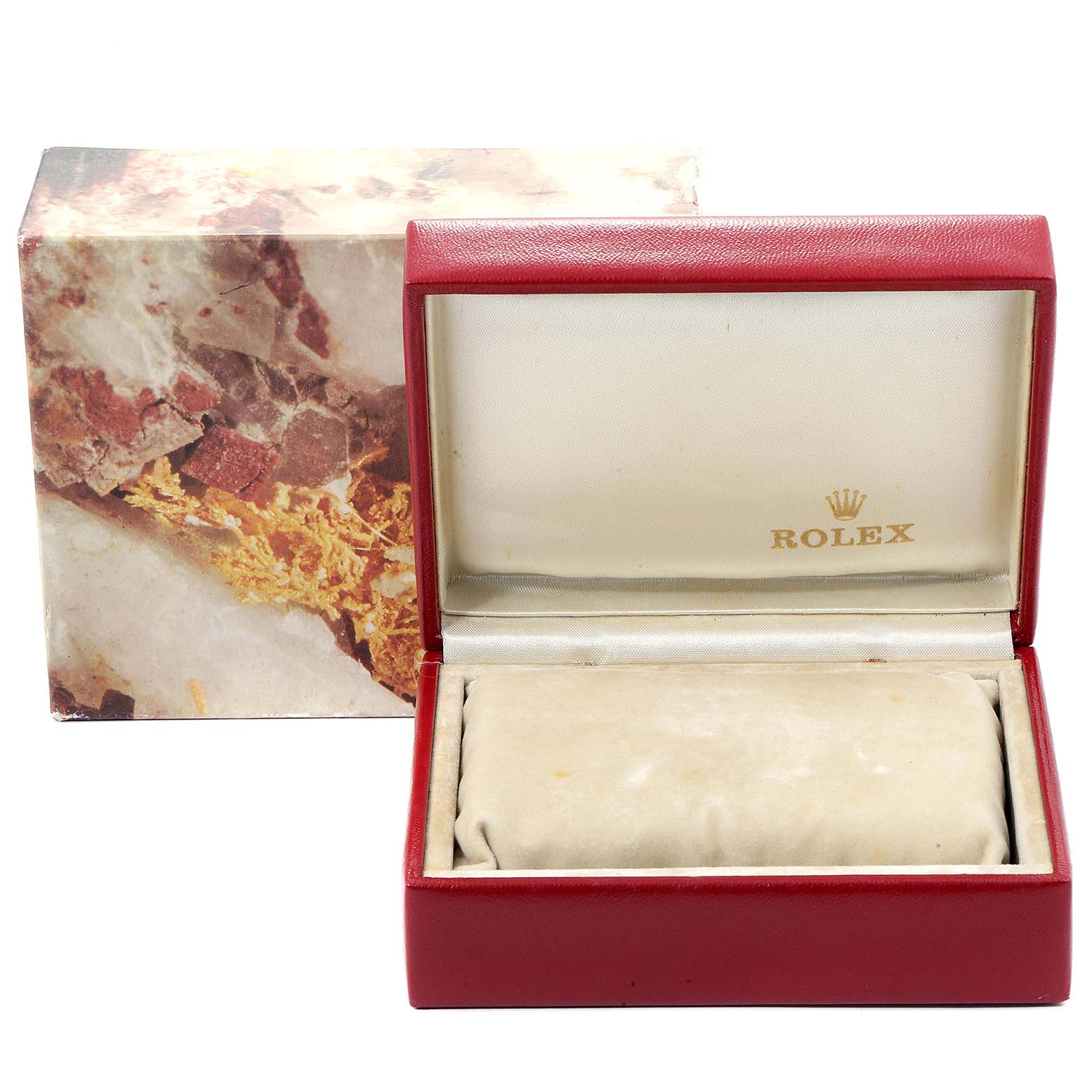 The image shows an open Rolex Datejust 69173 Women
s Steel and Gold (two tone) Champagne Dial 69173 Women
s Steel and Gold (two tone) Champagne Dial watch box with a separate outer box in the background.