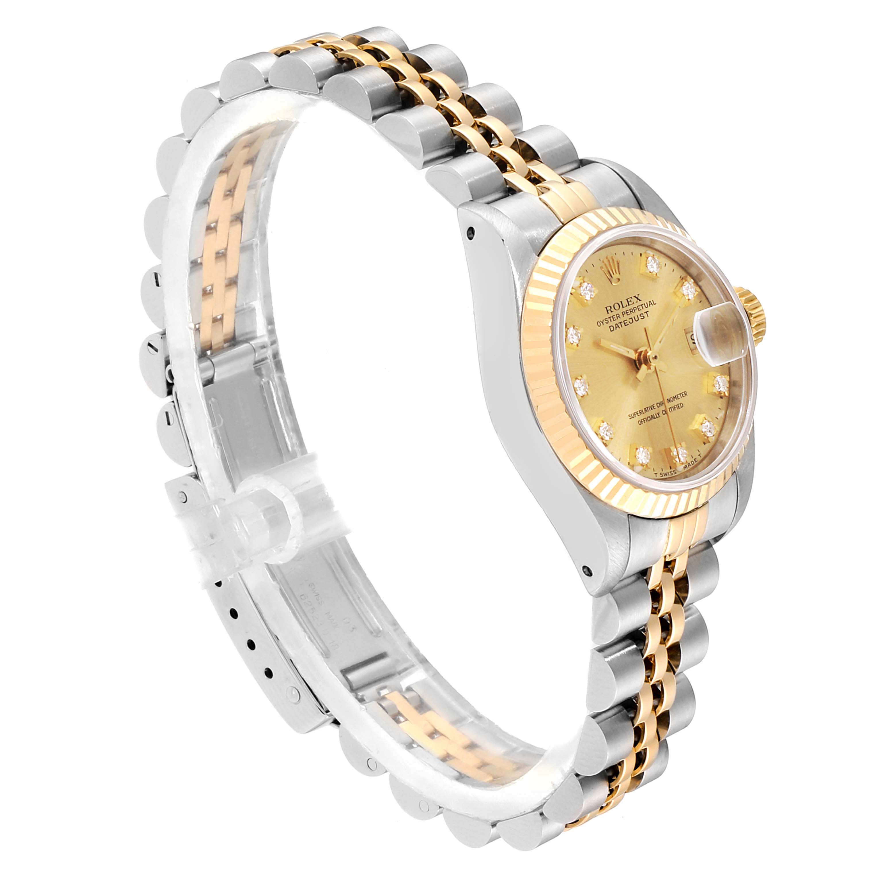 This image shows a Rolex Datejust 69173 Women
s Steel and Gold (two tone) Champagne Dial 69173 Women
s Steel and Gold (two tone) Champagne Dial watch at an angle highlighting its face, bezel, and two-tone bracelet.