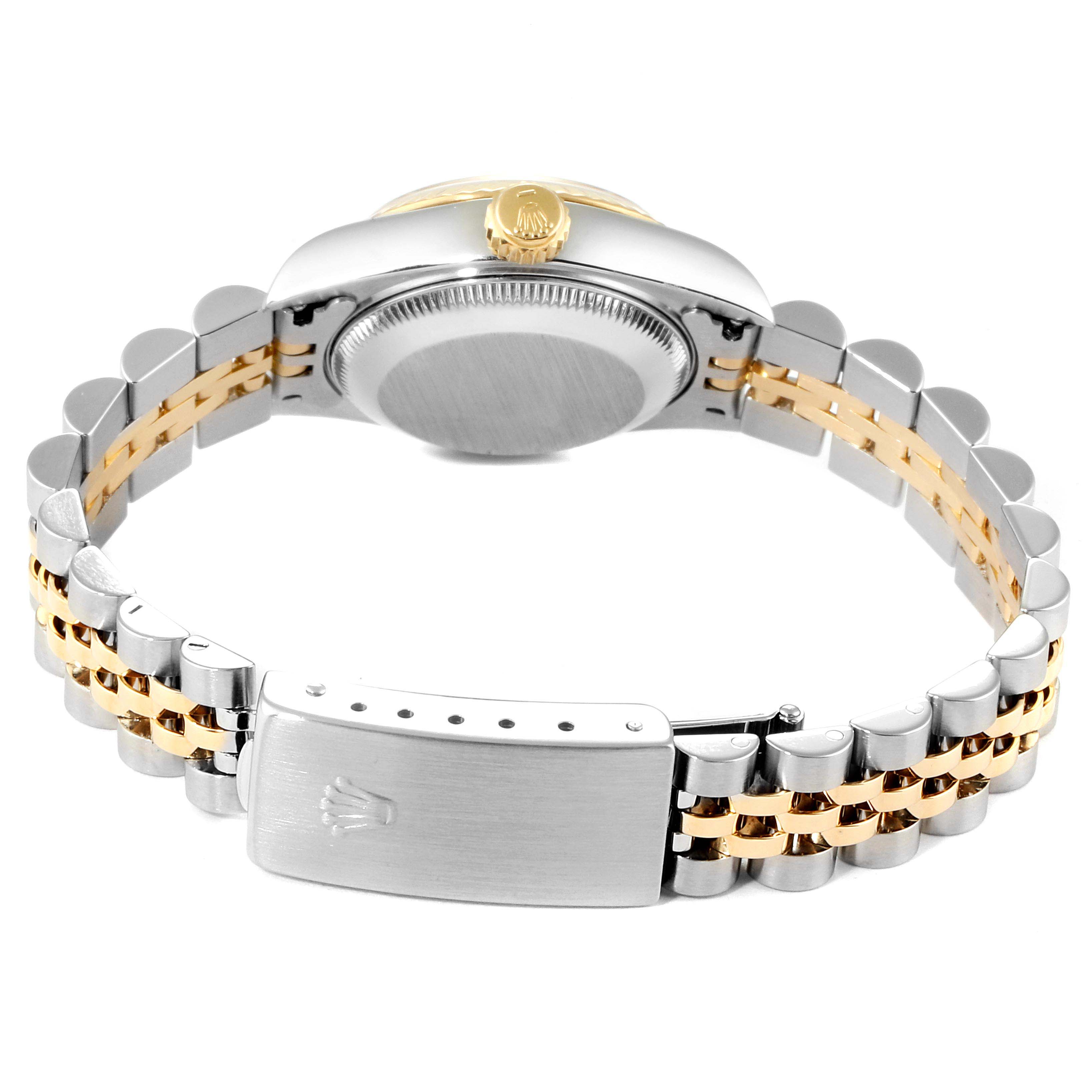 The image shows the back view of a Rolex Datejust 69173 Women's Steel and Gold (two tone) Champagne Dial 69173 Women's Steel and Gold (two tone) Champagne Dial watch, highlighting the bracelet and clasp.