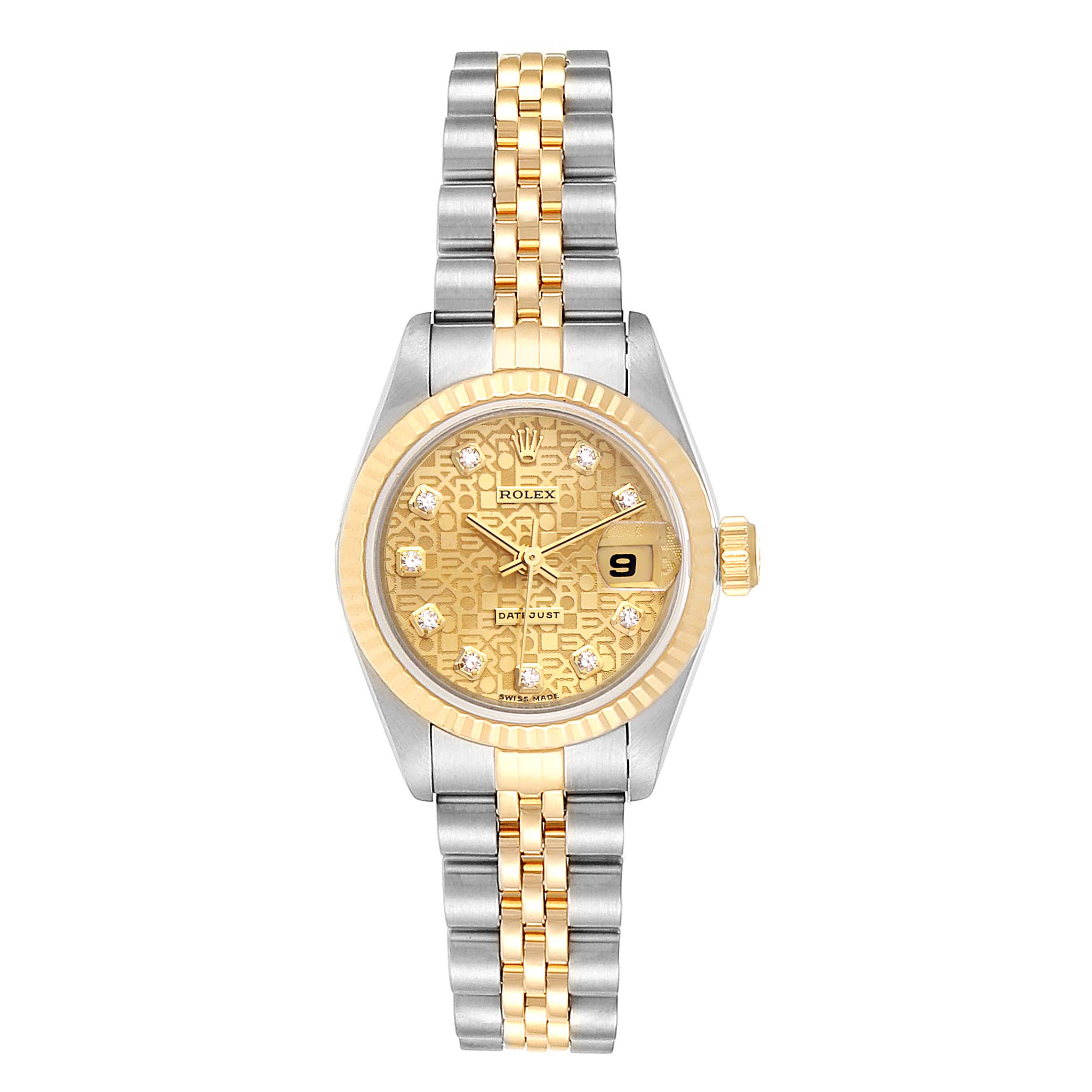 This image shows a front view of a Rolex Datejust 69173 Women's Steel and Gold (two tone) Champagne Dial 69173 Women's Steel and Gold (two tone) Champagne Dial watch, highlighting the dial, bezel, and bracelet.