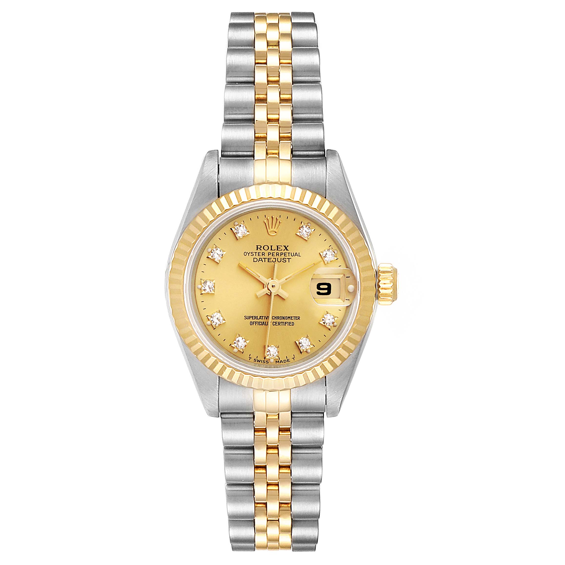 This Rolex Datejust 69173 Women
s Steel and Gold (two tone) Champagne Dial 69173 Women
s Steel and Gold (two tone) Champagne Dial watch is shown from a straight-on angle, highlighting the face and bracelet.