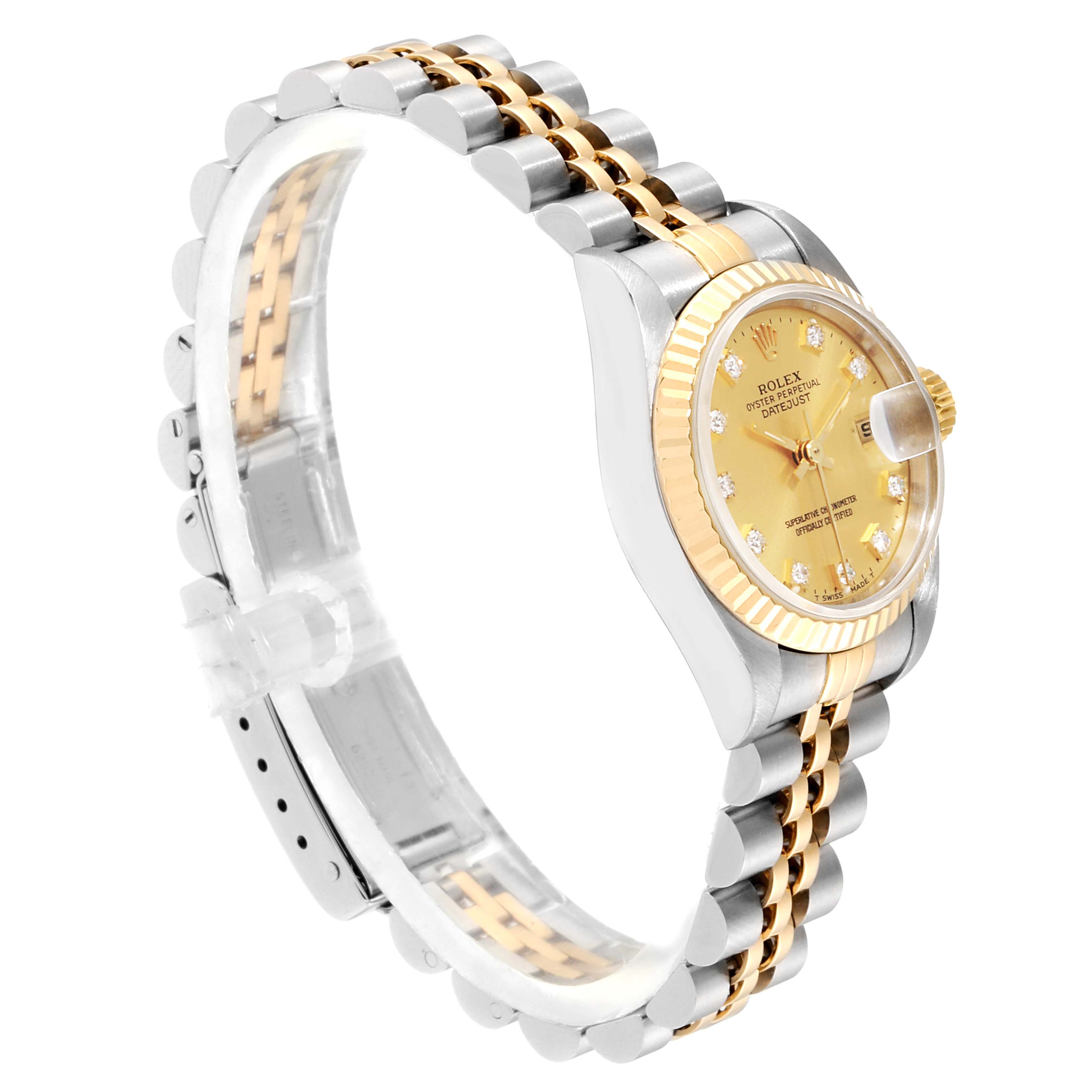 This image shows a side profile of a Rolex Datejust 69173 Women
s Steel and Gold (two tone) Champagne Dial 69173 Women
s Steel and Gold (two tone) Champagne Dial watch, highlighting its gold and silver bracelet and gold dial.