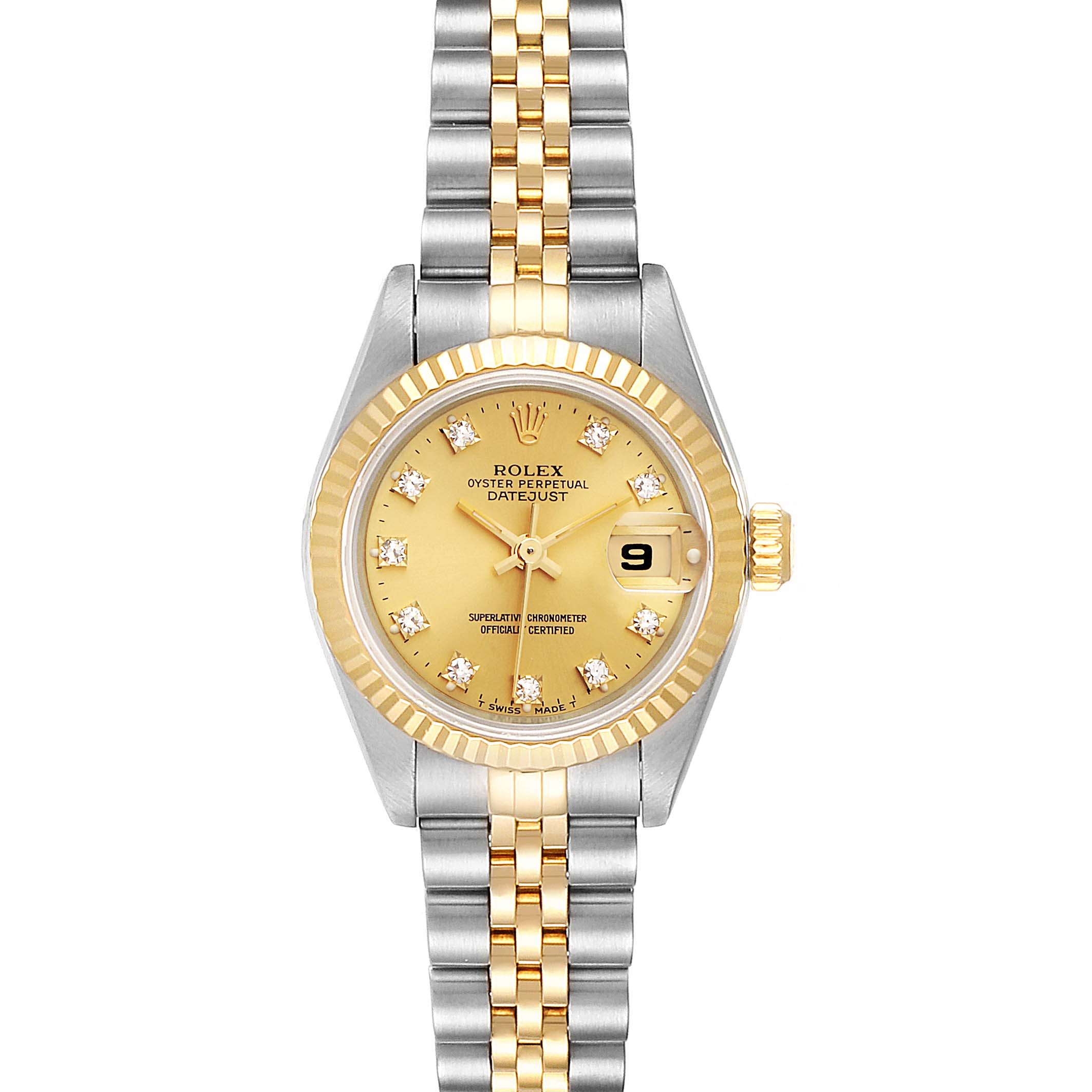 The image shows a Rolex Datejust 69173 Women
s Steel and Gold (two tone) Champagne Dial 69173 Women
s Steel and Gold (two tone) Champagne Dial watch from a top-down angle, featuring a gold dial, date window, and two-tone bracelet.