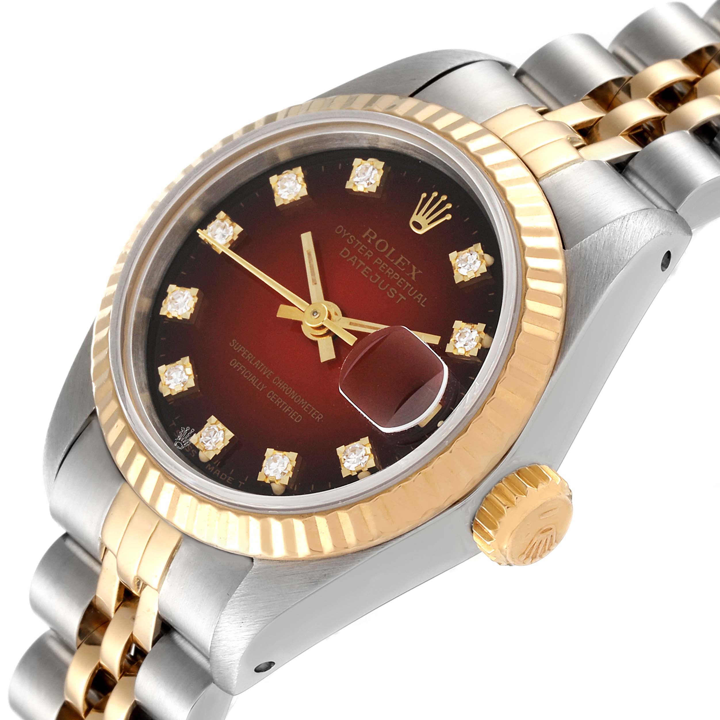 This image shows a side and angled view of a Rolex Datejust 69173 Women's Steel and Gold (two tone) Red Dial 69173 Women's Steel and Gold (two tone) Red Dial watch, highlighting the crown, bezel, and part of the bracelet.
