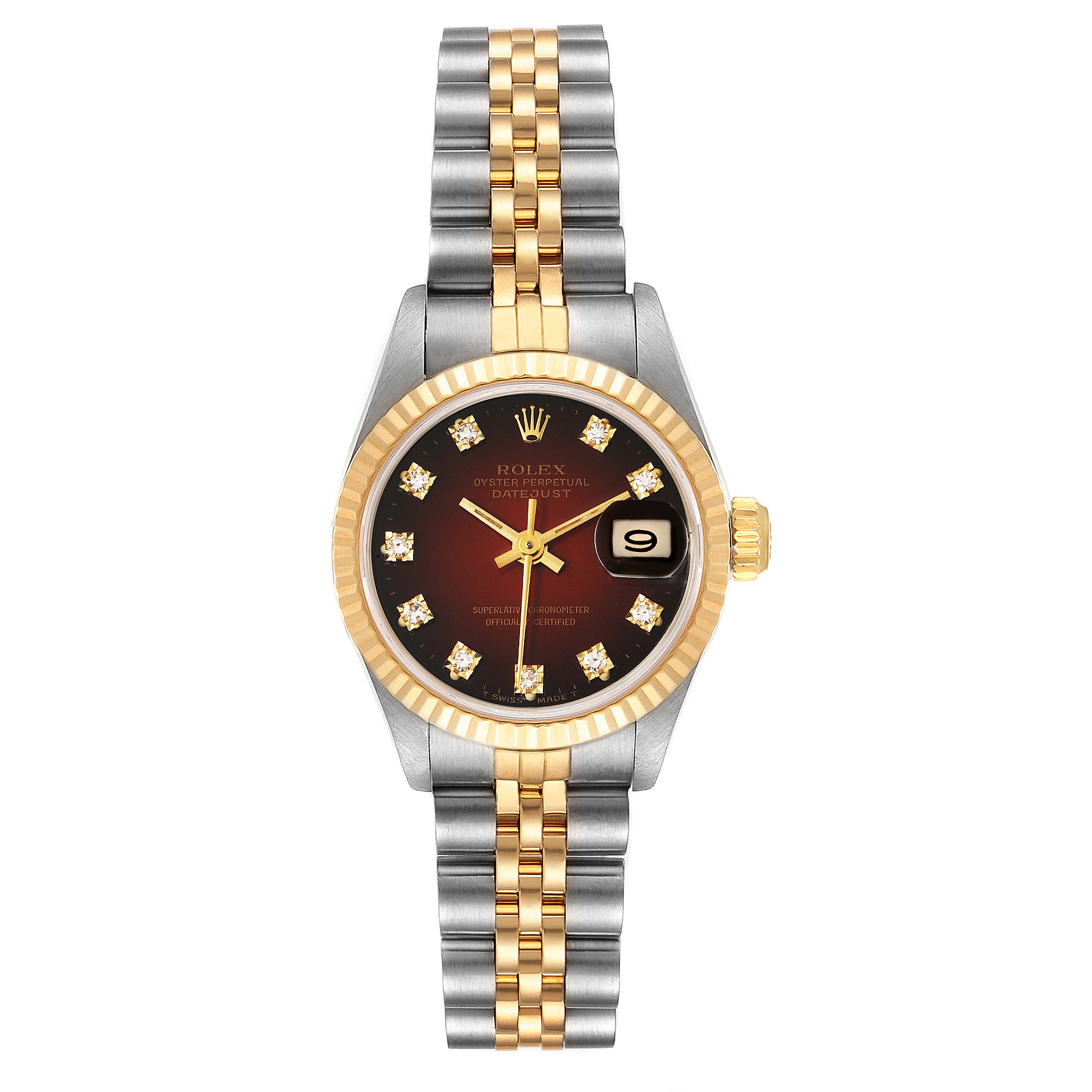 This image shows a Rolex Datejust 69173 Women's Steel and Gold (two tone) Red Dial 69173 Women's Steel and Gold (two tone) Red Dial watch, viewed from the front, displaying the dial, bezel, and bracelet.