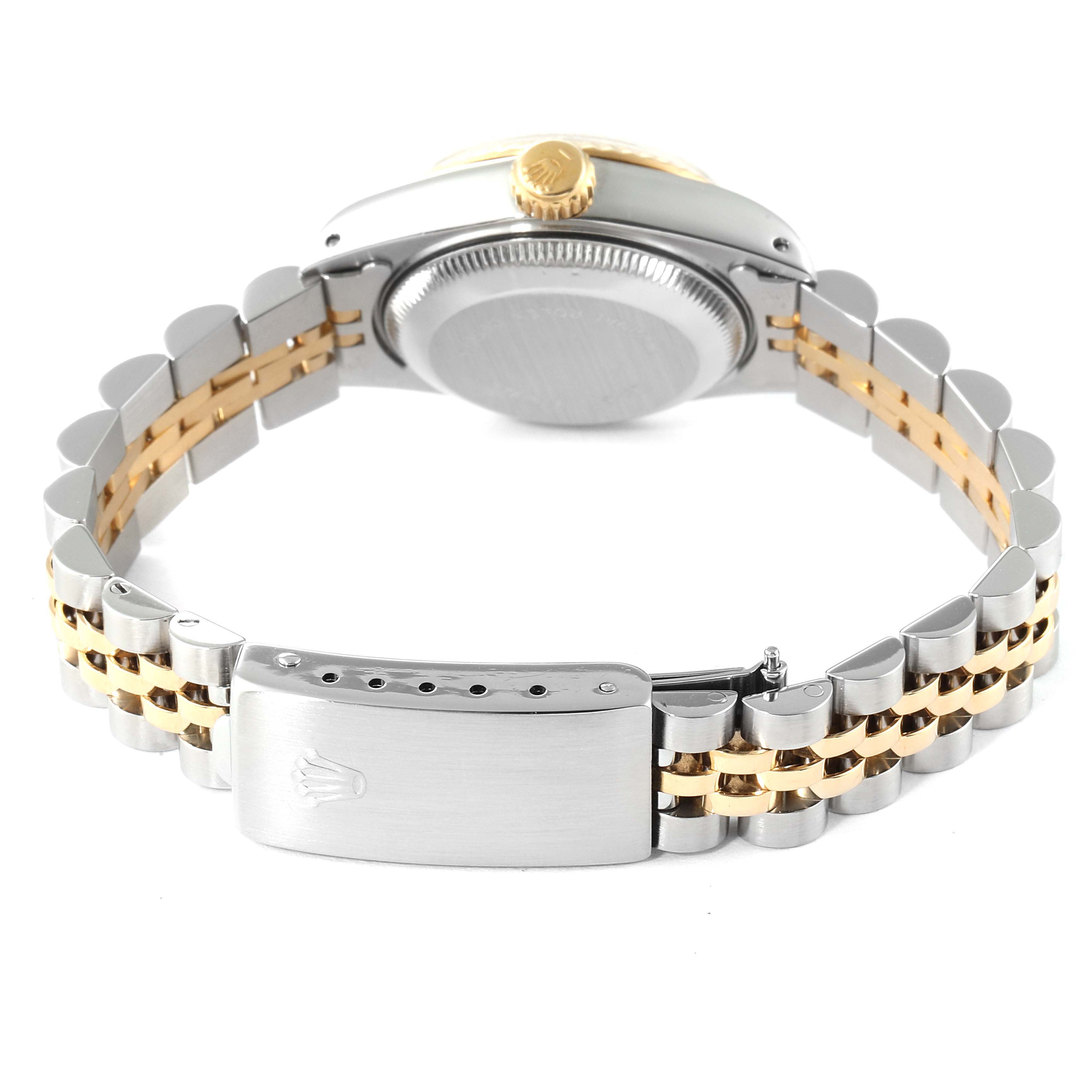 The image shows the back of a Rolex Datejust 69173 Women's Steel and Gold (two tone) Red Dial 69173 Women's Steel and Gold (two tone) Red Dial watch, highlighting the bracelet and clasp.