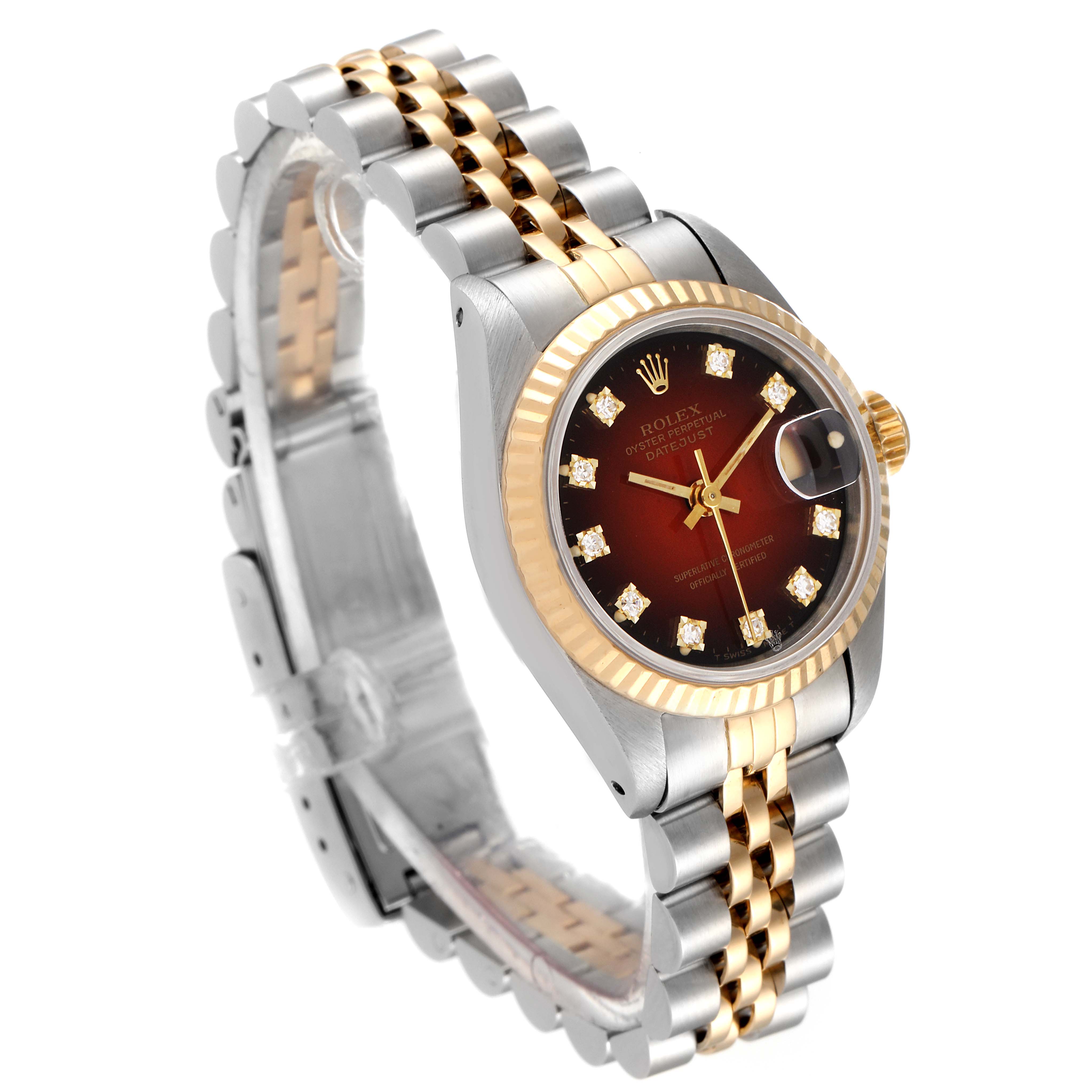 This image shows a Rolex Datejust 69173 Women's Steel and Gold (two tone) Red Dial 69173 Women's Steel and Gold (two tone) Red Dial watch at an angled view, highlighting the face, bezel, crown, and Jubilee bracelet.
