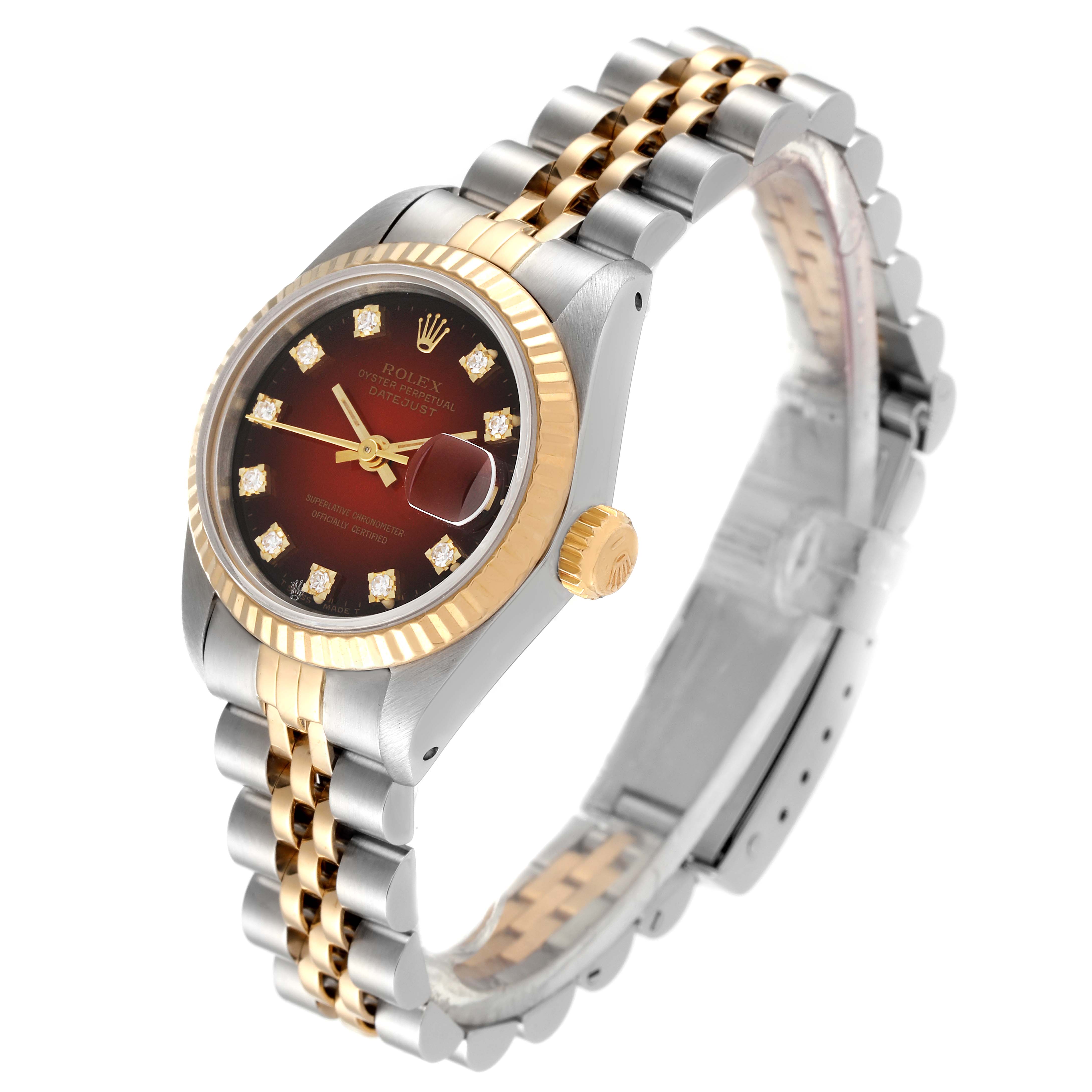 The image shows a Rolex Datejust 69173 Women's Steel and Gold (two tone) Red Dial 69173 Women's Steel and Gold (two tone) Red Dial watch from a 3/4 angle highlighting the face, bezel, crown, and bracelet.