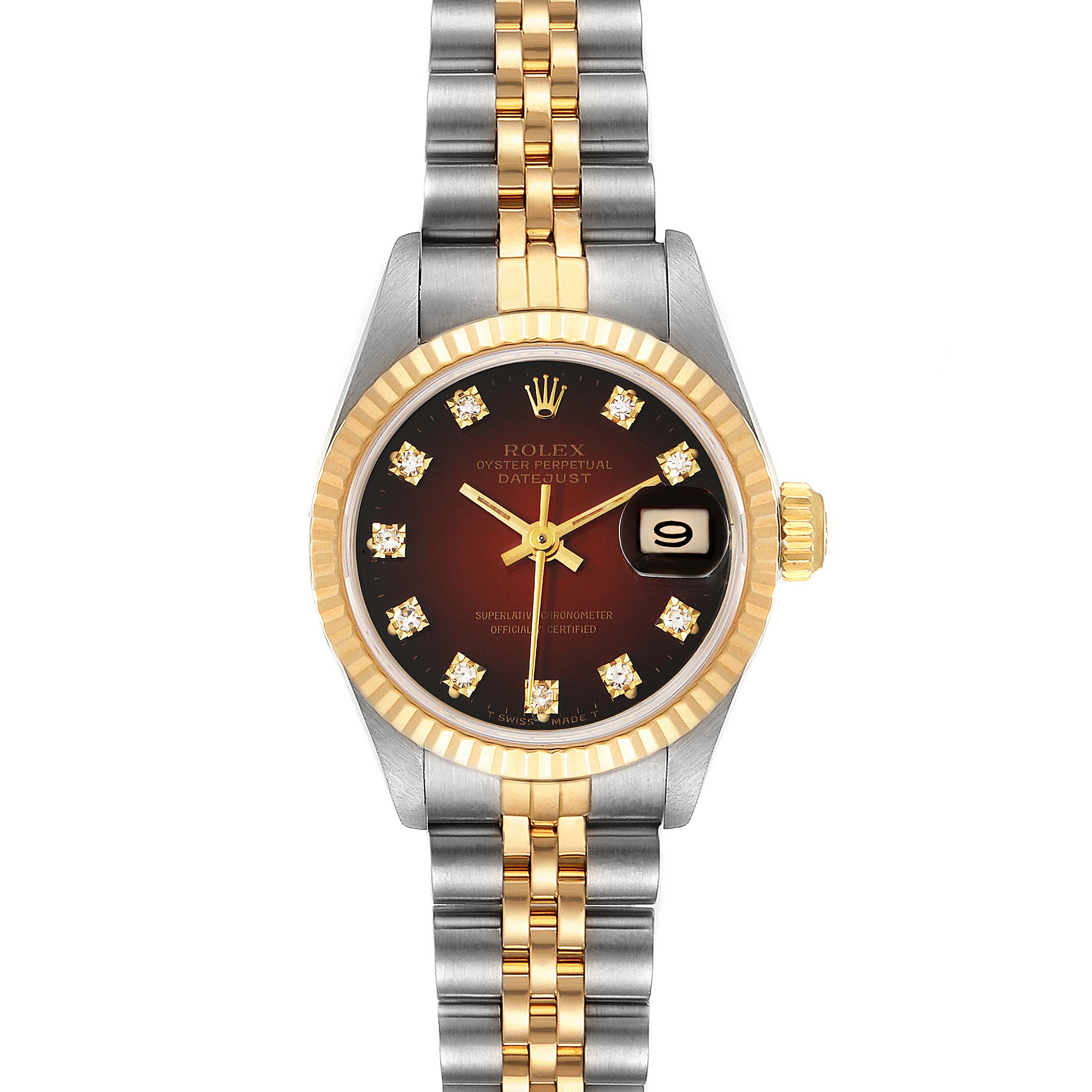 The Rolex Datejust 69173 Women's Steel and Gold (two tone) Red Dial 69173 Women's Steel and Gold (two tone) Red Dial watch is shown from the front, highlighting the dial, bezel, and two-tone bracelet.