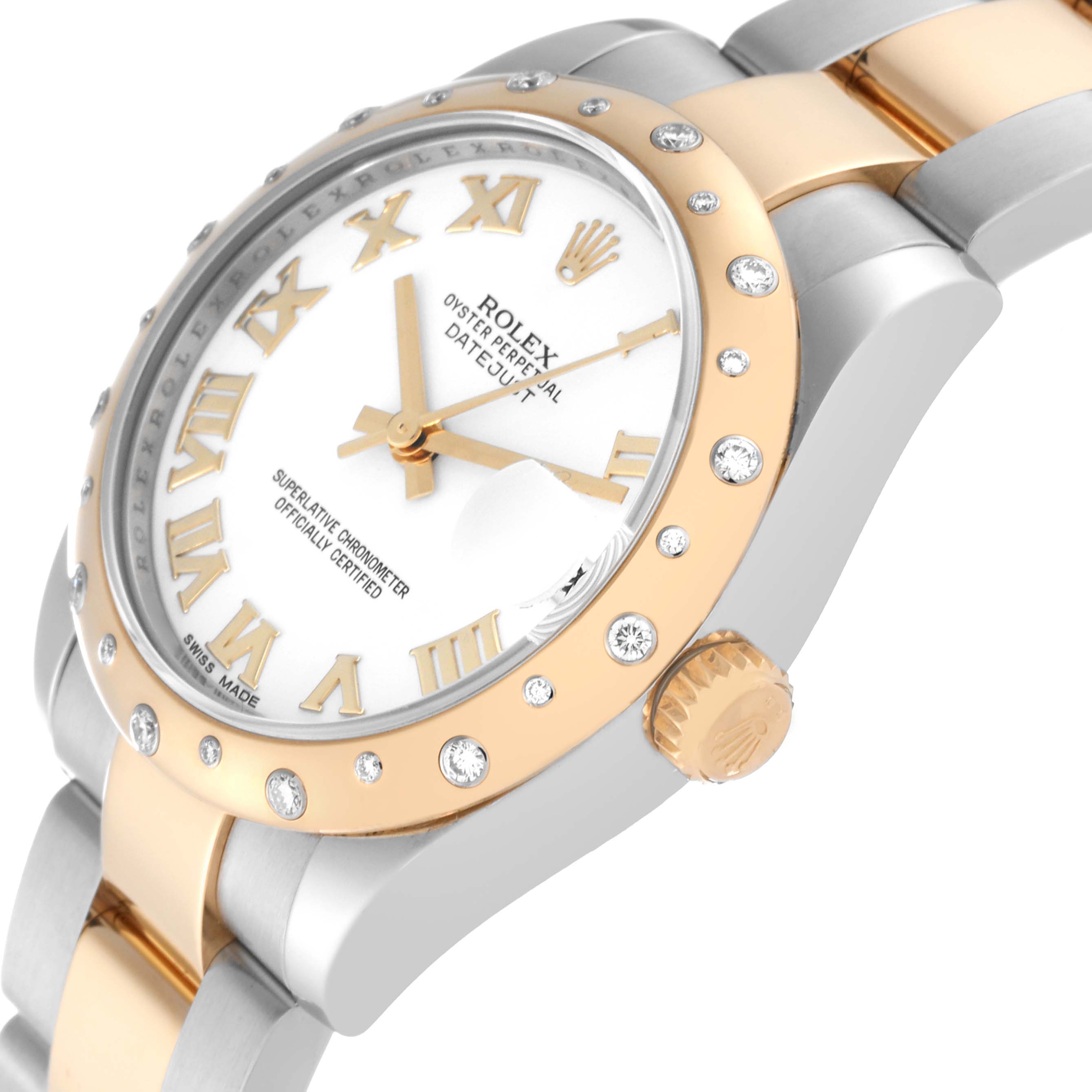 The image shows a close-up angle of a Rolex Datejust 178343 Women's Steel and Gold (two tone) White Dial 178343 Women's Steel and Gold (two tone) White Dial watch, highlighting the dial, bezel, crown, and part of the bracelet.