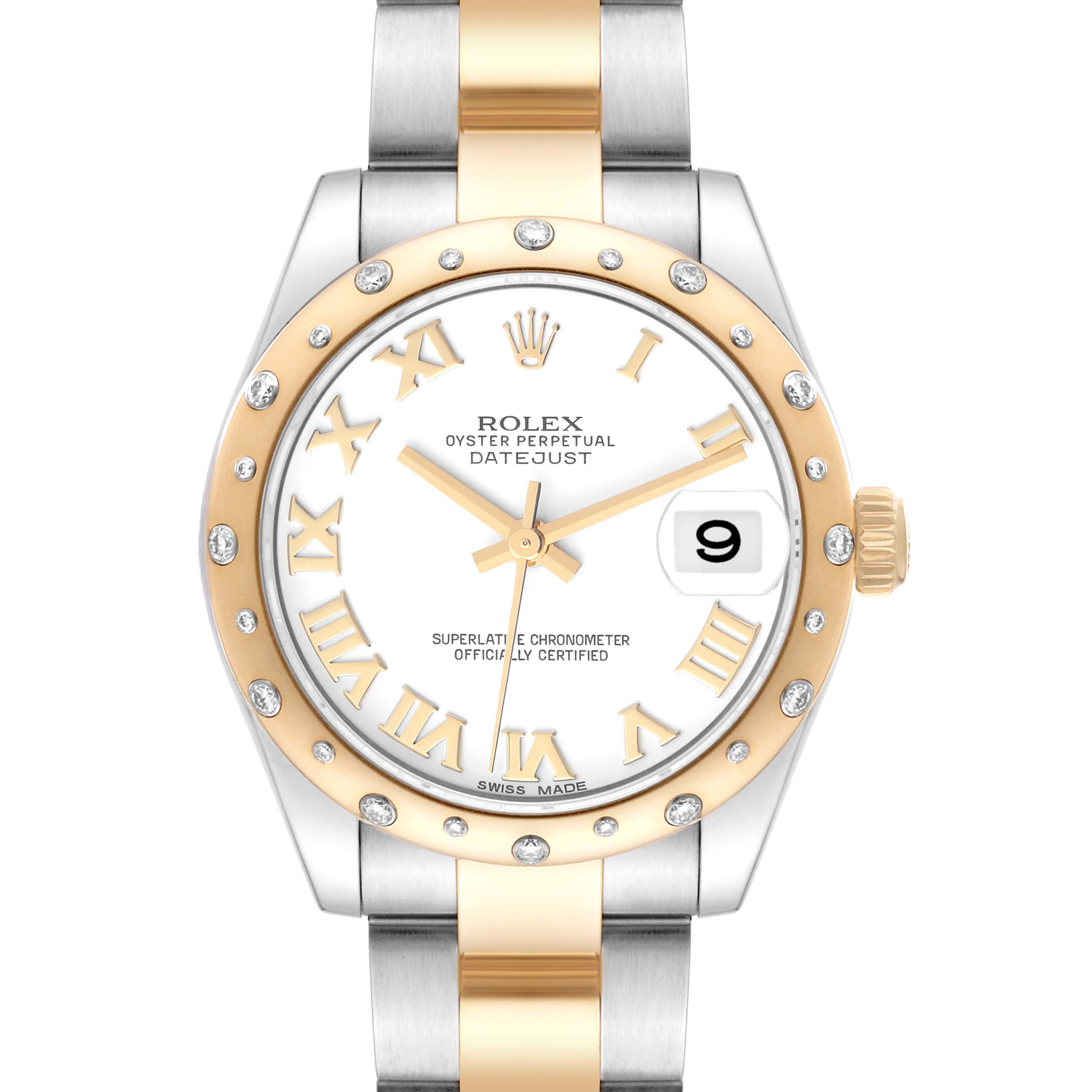 The image shows a Rolex Datejust 178343 Women's Steel and Gold (two tone) White Dial 178343 Women's Steel and Gold (two tone) White Dial watch from the front, highlighting the bezel, dial, and part of the bracelet.